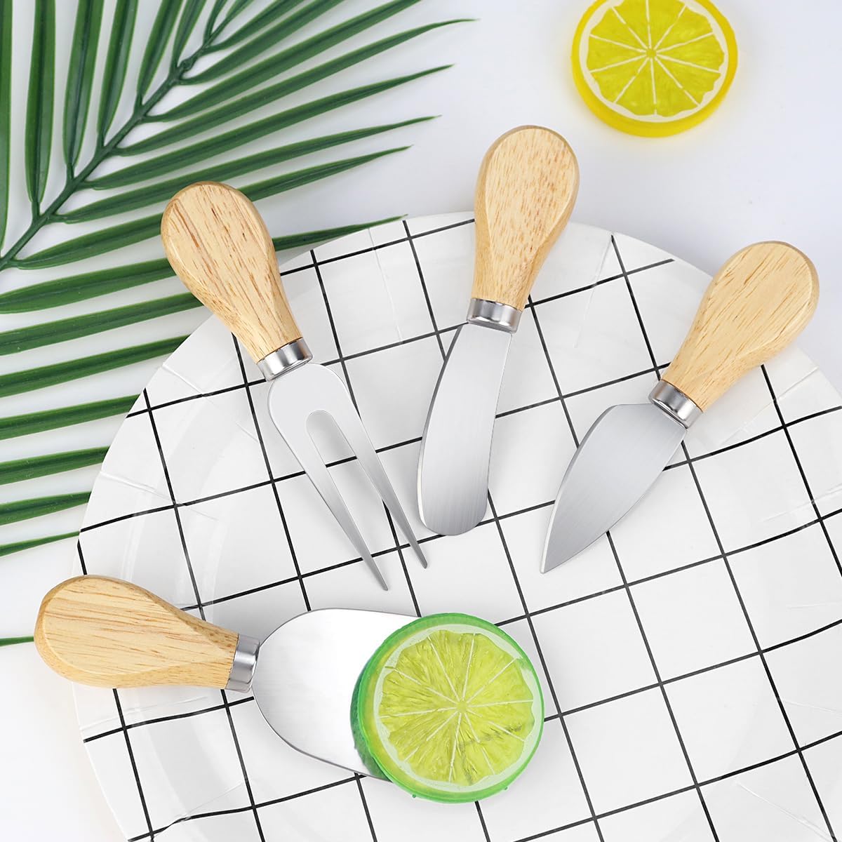 4-Piece Mini Wooden Handle Stainless Steel Cheese Set - Slicer, Knife, Fork, Butter Knife for Charcuterie & Cheese Spread - Image 2