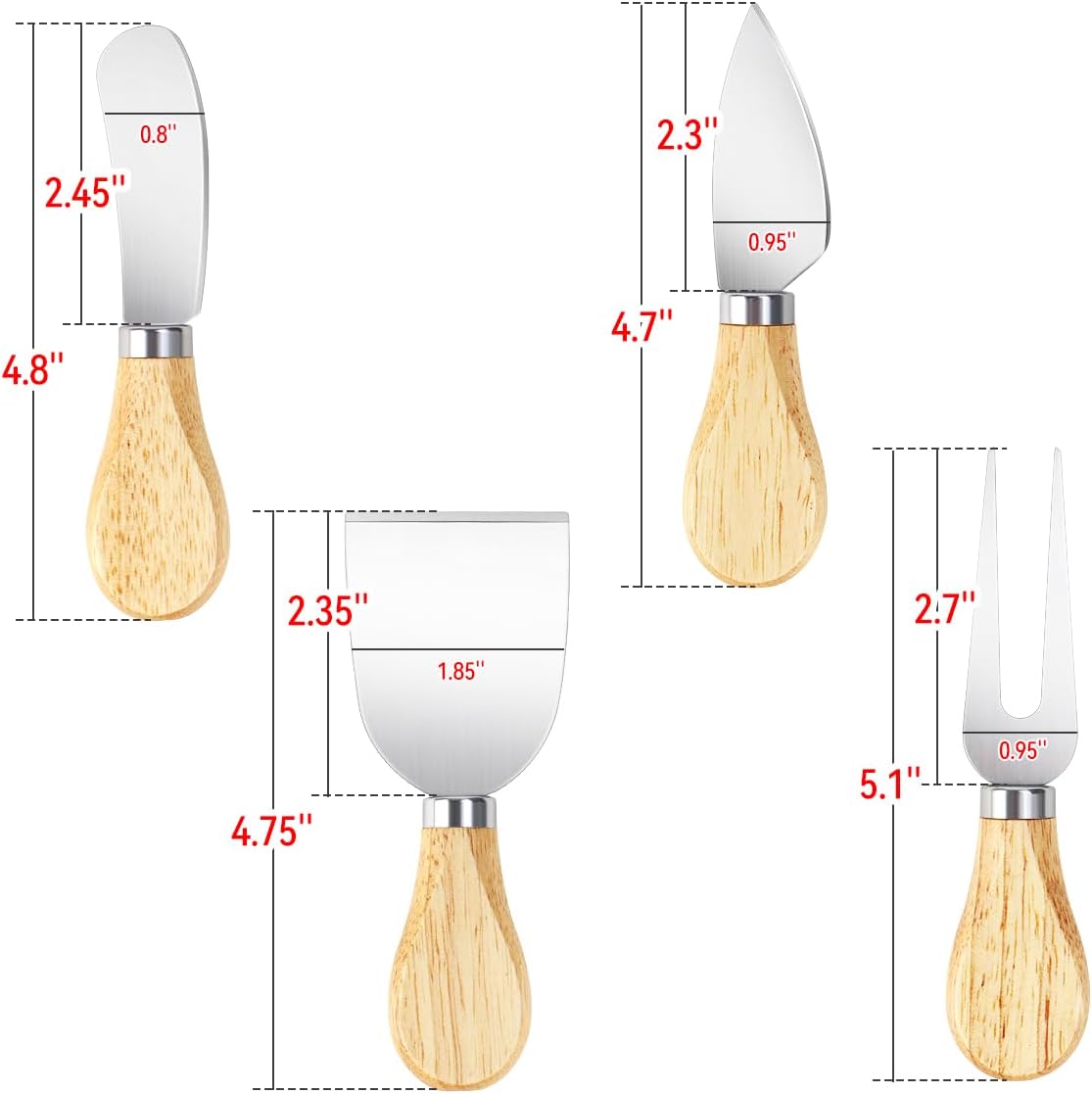 4-Piece Mini Wooden Handle Stainless Steel Cheese Set - Slicer, Knife, Fork, Butter Knife for Charcuterie & Cheese Spread - Image 3