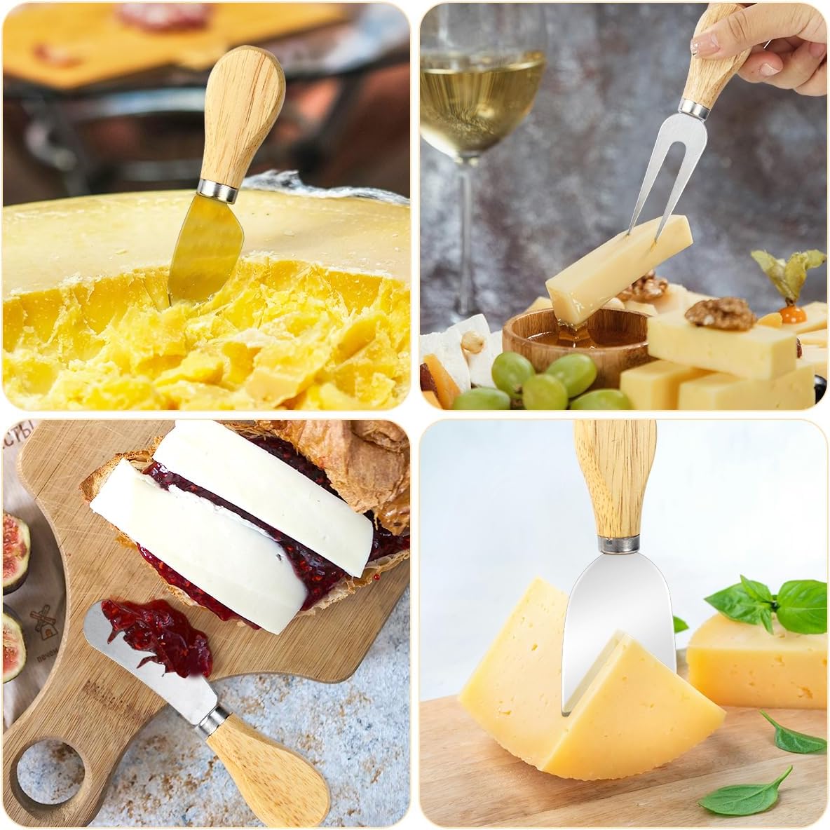 4-Piece Mini Wooden Handle Stainless Steel Cheese Set - Slicer, Knife, Fork, Butter Knife for Charcuterie & Cheese Spread - Image 5