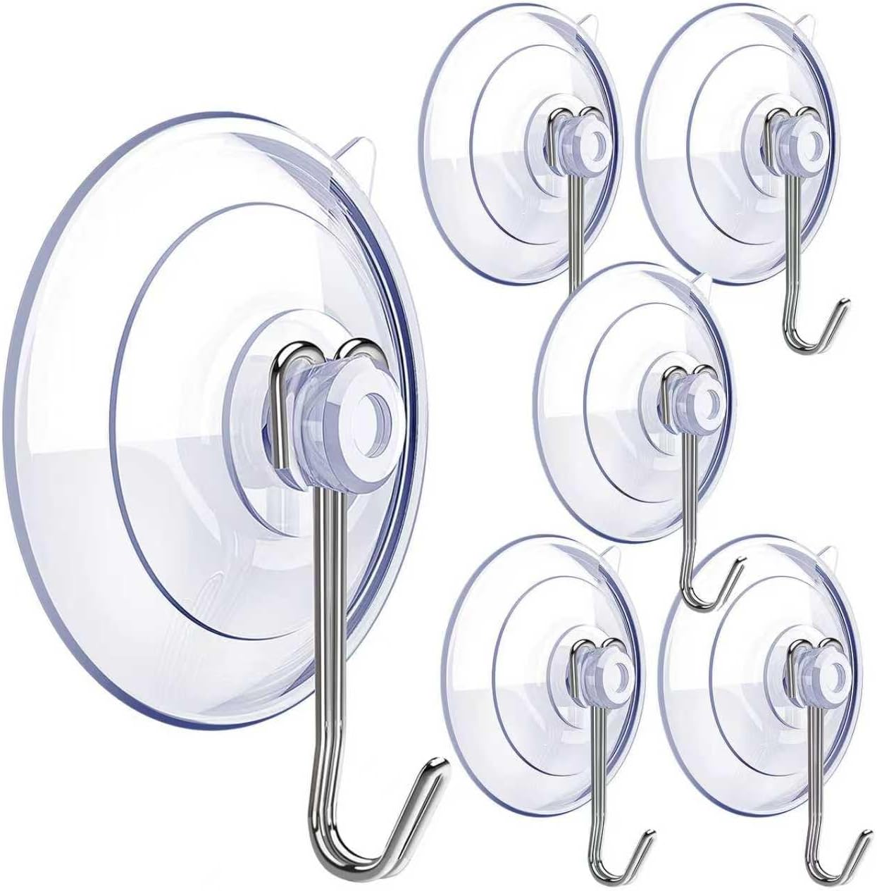 Suction Cup Hooks,6 PCS Clear Suction Cup for Glass Window Decor Shower Bathroom Glass Window Shower Kitchen, Reusable PVC Cups with Removable Stainless Hooks, Assorted (6) - Image 1