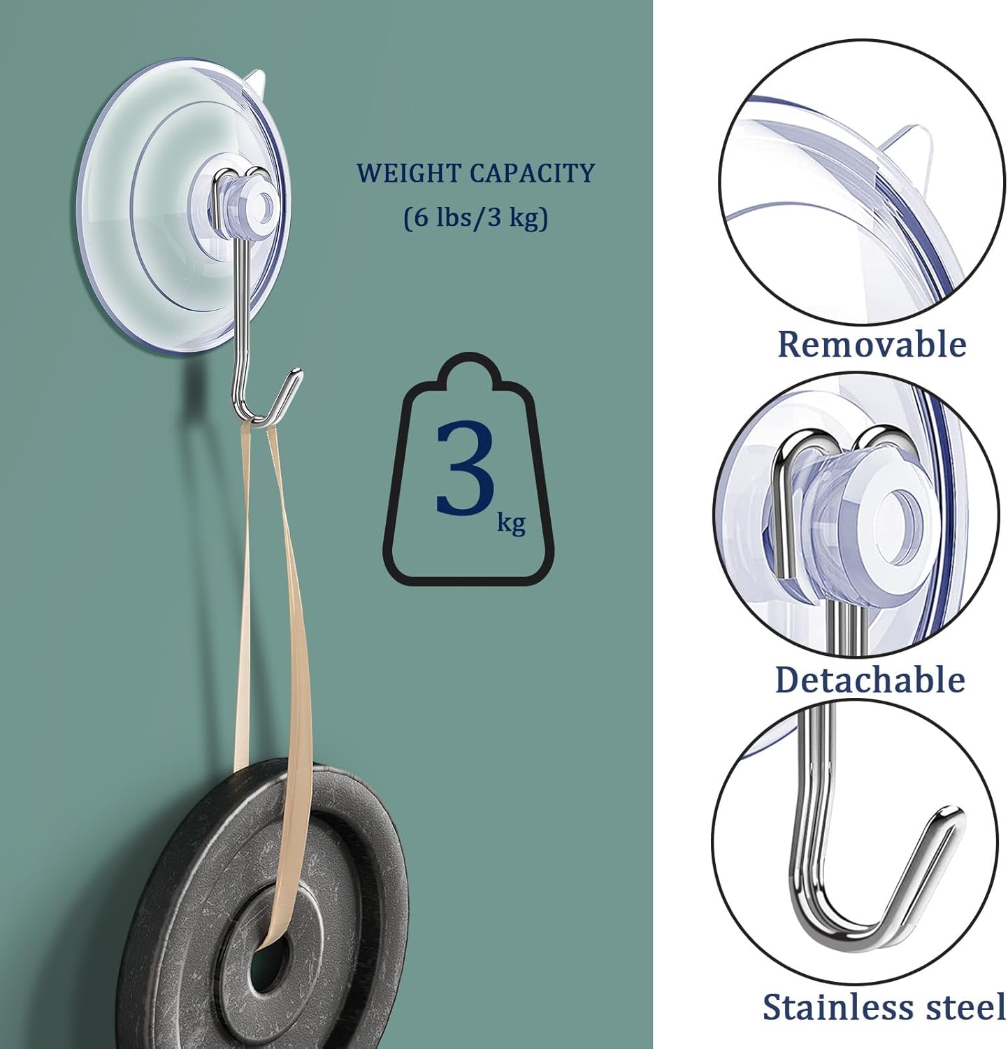 Suction Cup Hooks,6 PCS Clear Suction Cup for Glass Window Decor Shower Bathroom Glass Window Shower Kitchen, Reusable PVC Cups with Removable Stainless Hooks, Assorted (6) - Image 3