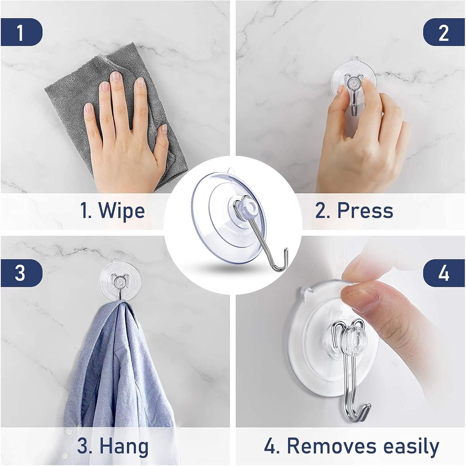 Suction Cup Hooks,6 PCS Clear Suction Cup for Glass Window Decor Shower Bathroom Glass Window Shower Kitchen, Reusable PVC Cups with Removable Stainless Hooks, Assorted (6) - Image 5