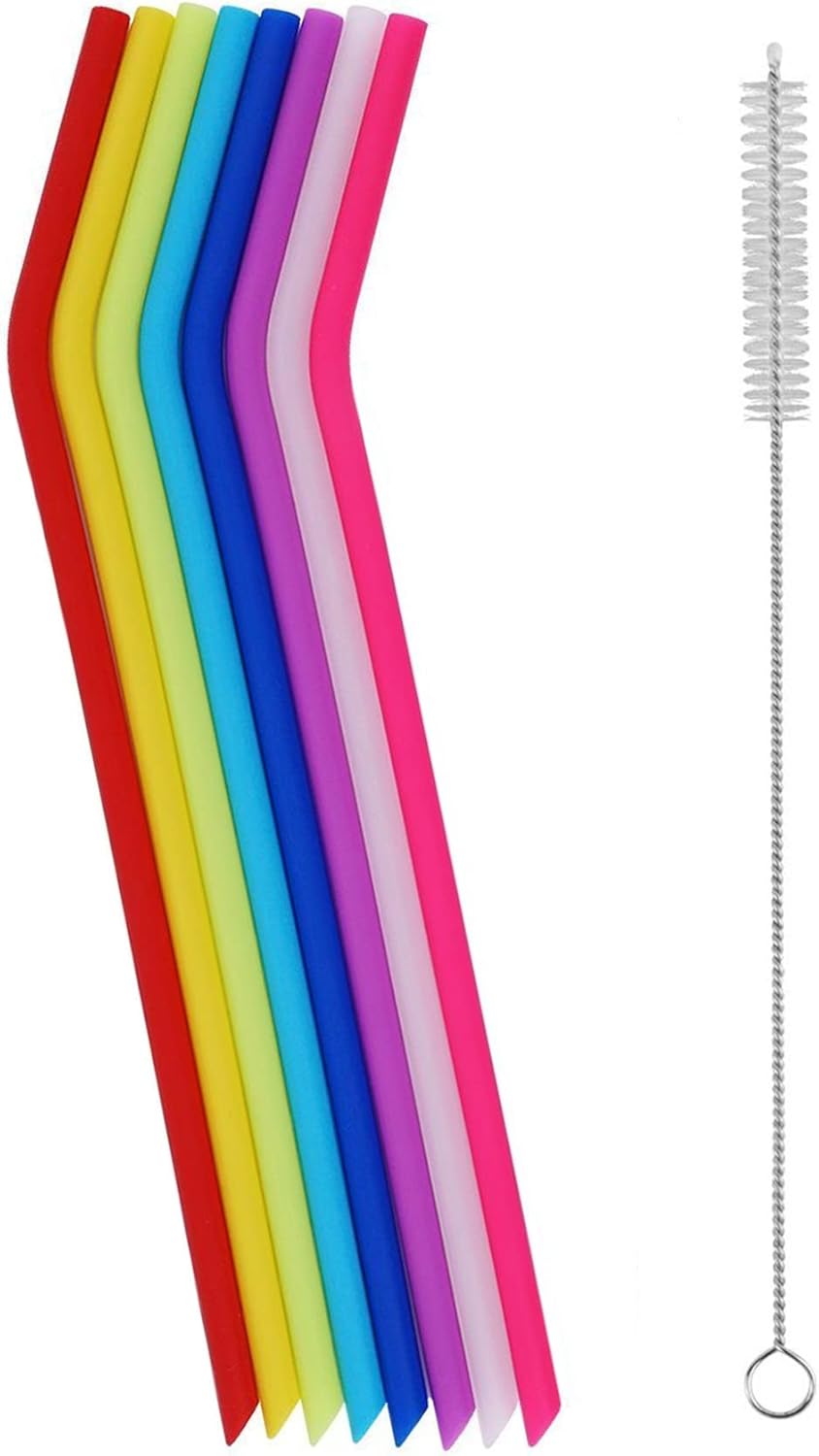 8 Pack Reusable Regular Size Silicone Drinking Straws with 1 Cleaning Brushes, Extra long Flexible Coffee Drinking Standard Size Straws for 20oz and 30oz Tumblers and Mason Jars - Image 1