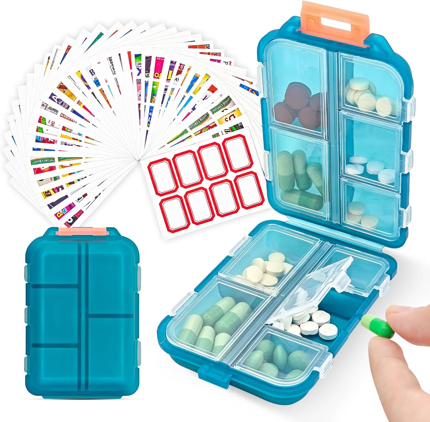 Pill Organizer with Medicine Labels, 10 Compartments Travel Pill Box with Removable Labels, Portable Foldable Supplement Box Holder for Fish Oil Vitamin - Image 1