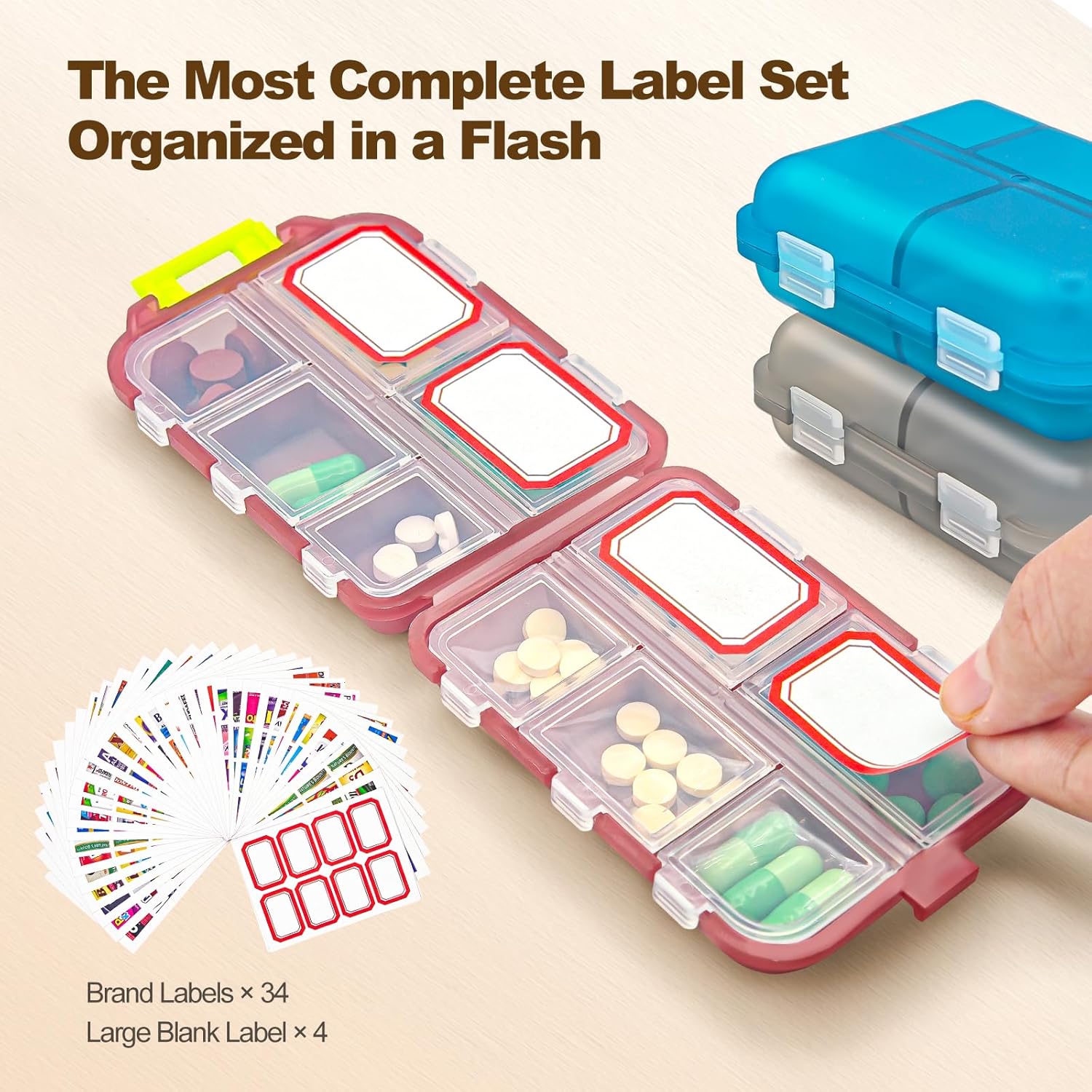 Pill Organizer with Medicine Labels, 10 Compartments Travel Pill Box with Removable Labels, Portable Foldable Supplement Box Holder for Fish Oil Vitamin - Image 4