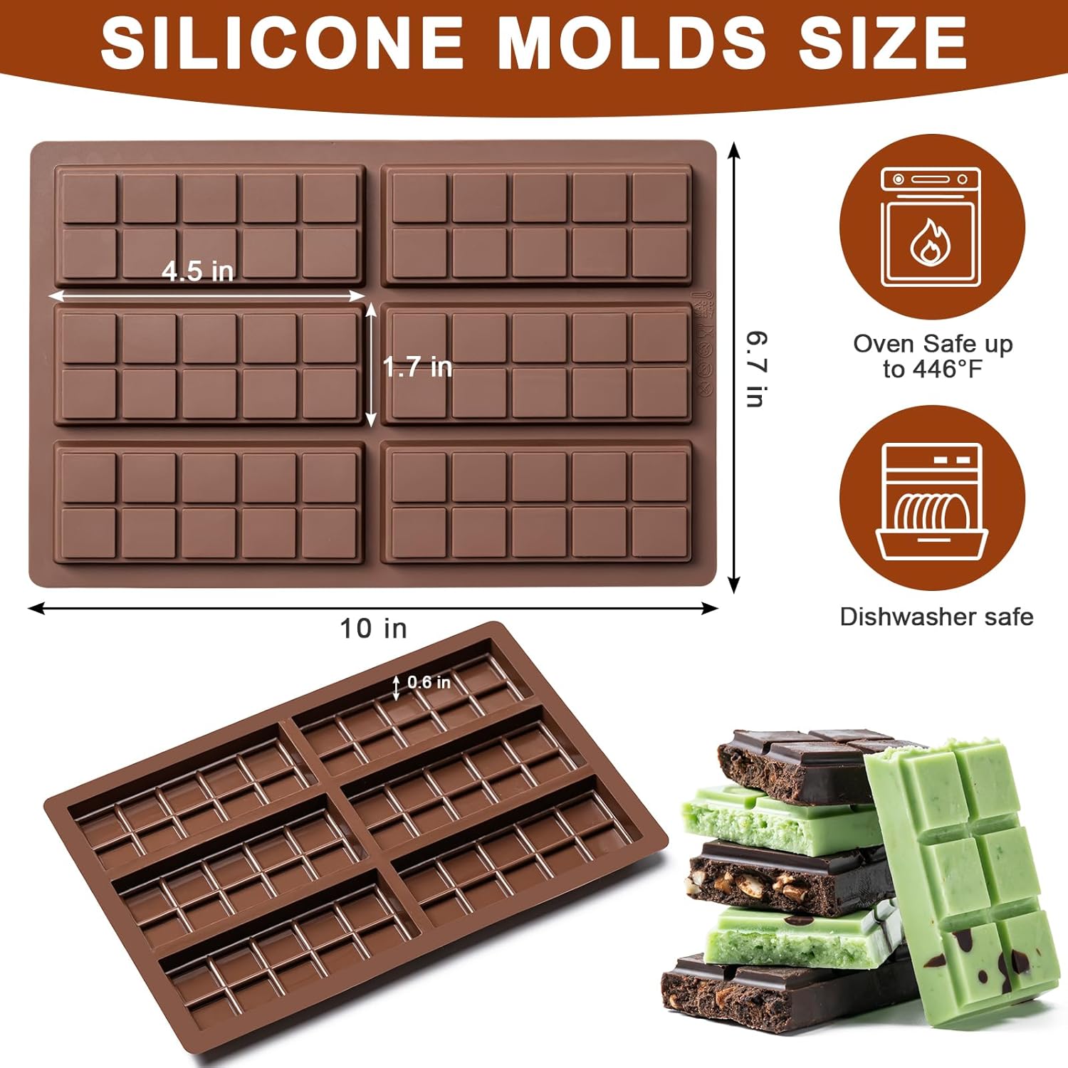 Chocolate Bar Mold,Non-Stick Chocolate Molds, 100% Food Grade Silicone Deep Mold for Dubai Pistachio Rod, Candy, Snacks, Knafeh Pistachio Rod and More(10 Snap) - Image 2