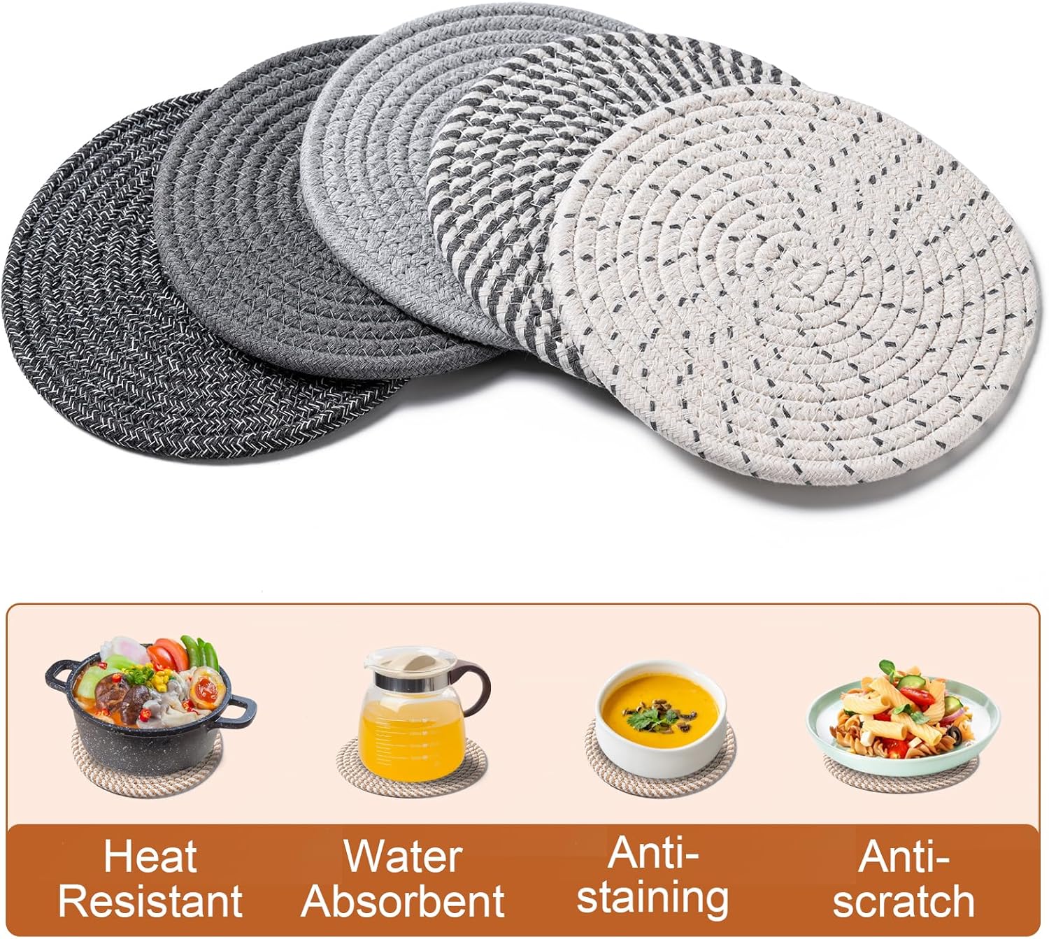 7 Inch Trivets for Hot Dishes, Pots and Pans, 5 Heat Resistant Pot Holders for Kitchen, Home Essentials, Hot Pads for Countertop and Table, Farmhouse Decor Vase Mats, Gray - Image 4