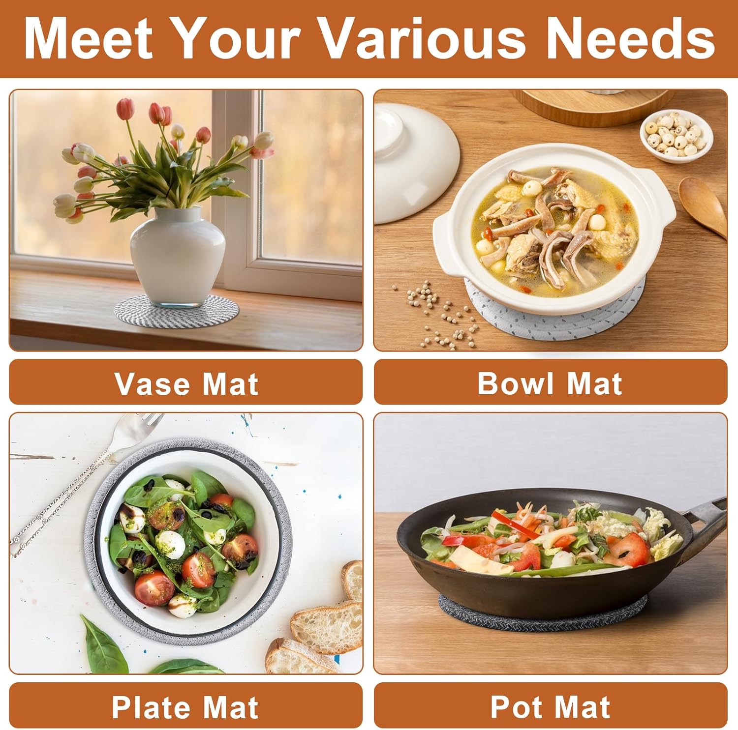 7 Inch Trivets for Hot Dishes, Pots and Pans, 5 Heat Resistant Pot Holders for Kitchen, Home Essentials, Hot Pads for Countertop and Table, Farmhouse Decor Vase Mats, Gray - Image 5