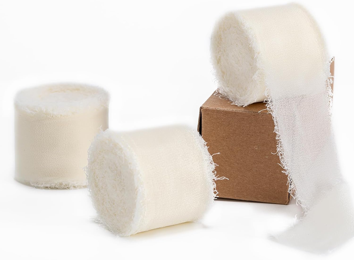 Ivory Handmade Chiffon Ribbon,1.5Inch x 3 Rolls Total 24 Yards Ivory Fringe Chiffon Silk Ribbon,for Wrapping Wedding Invitations,Bridal Bouquets,DIY Crafts,Home Decor and More - Image 1