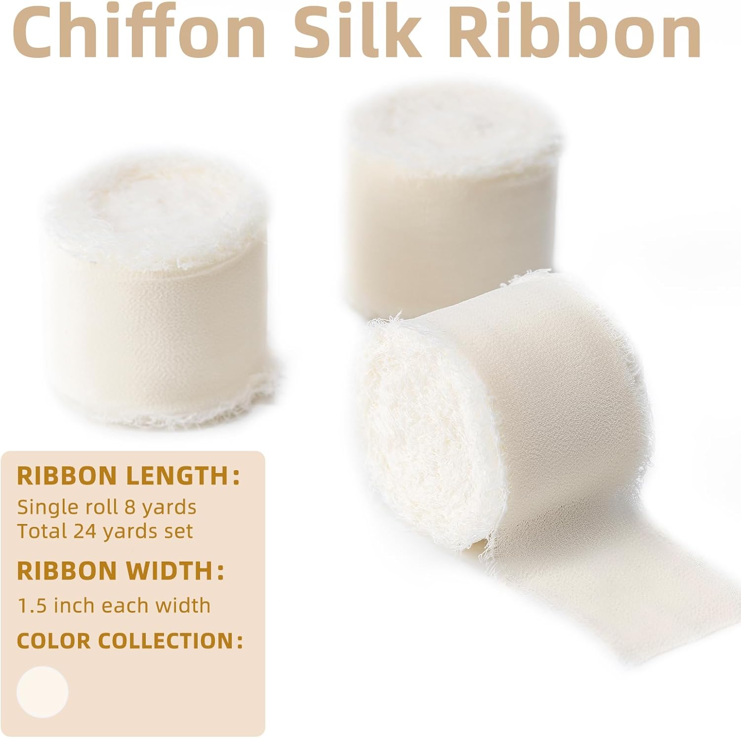 Ivory Handmade Chiffon Ribbon,1.5Inch x 3 Rolls Total 24 Yards Ivory Fringe Chiffon Silk Ribbon,for Wrapping Wedding Invitations,Bridal Bouquets,DIY Crafts,Home Decor and More - Image 2