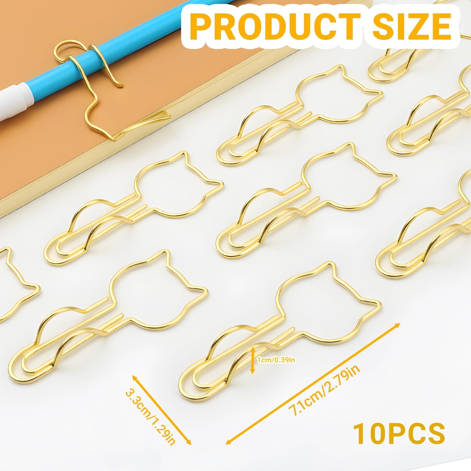 10-Pack Metal Pen Clips - Cute Cat Shaped Gold Paperclip Pen Holder for Notebooks and Papers - Metal Pen Clip Holder and Pen Holder Clip - School Office Supplies - Image 1