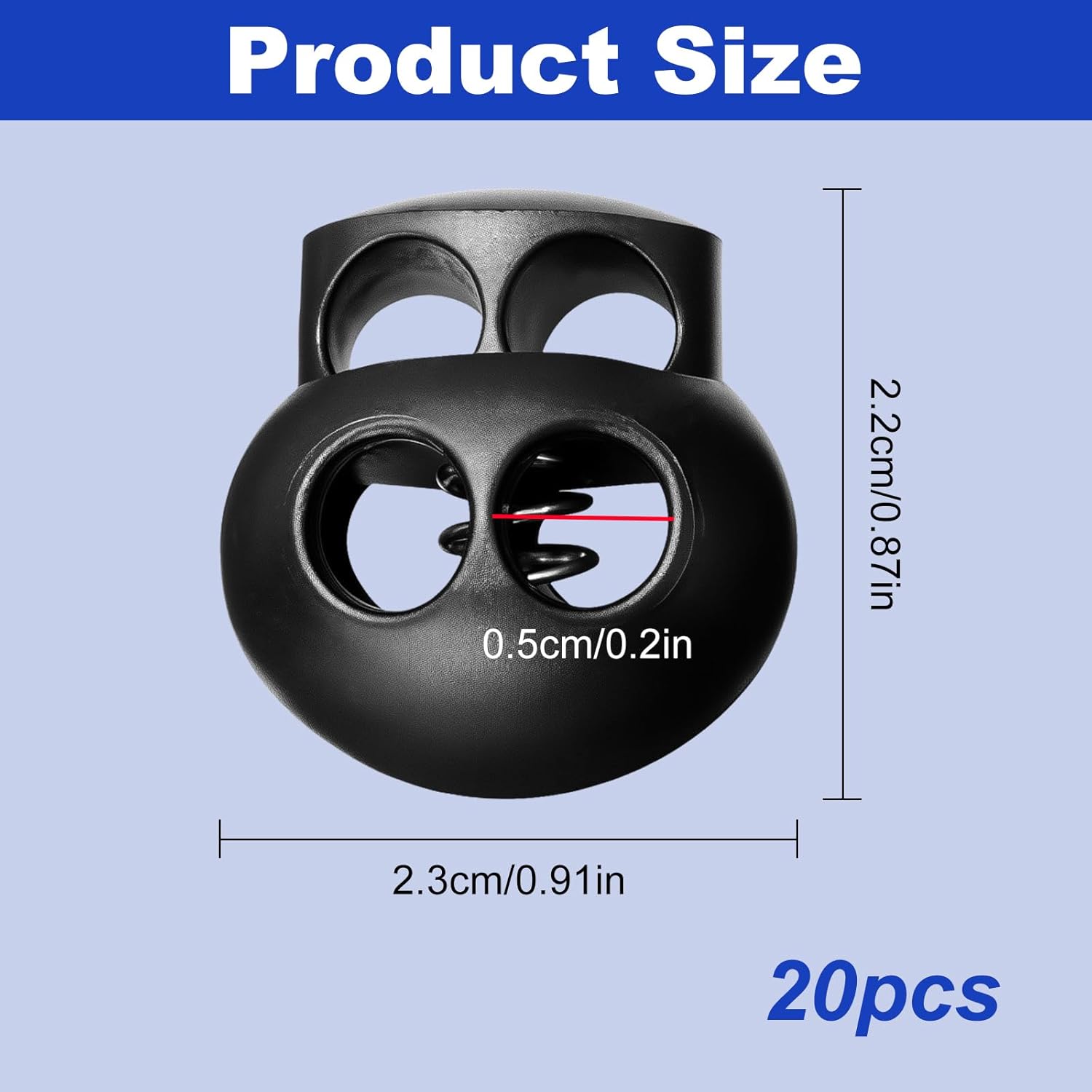 20Pcs Spring Cord Lock End Stopper Fastener Slider Toggles Clip - Double Hole Round Plastic for Drawstrings Lanyard Paracord Elastic Bungee Shock Cord Rope - Shoe Lace Tie Locks - Shoelace Lace Lock - Image 1