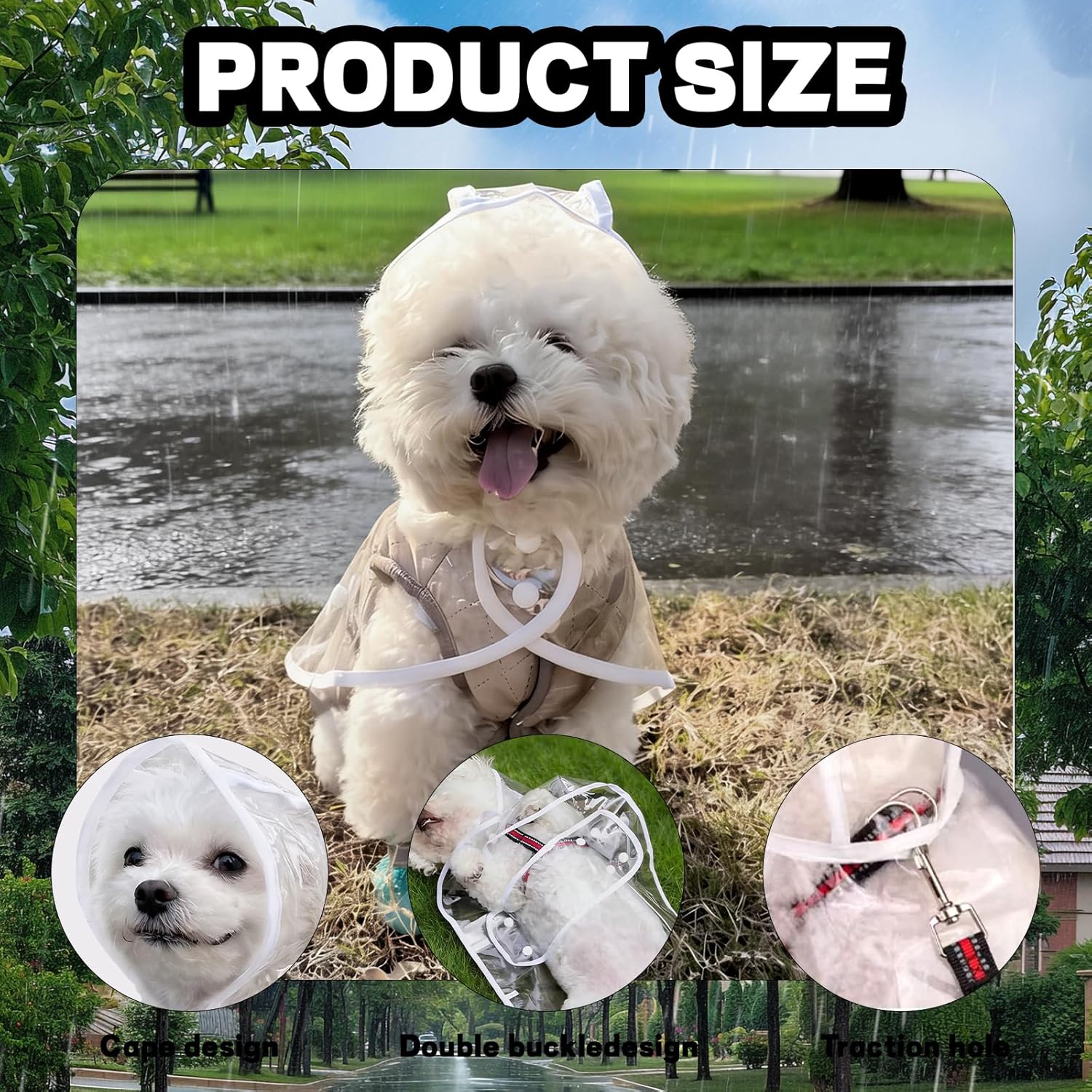 Clear Dog Rain Poncho for Small Medium Dogs - Heavy Waterproof Raincoat with Hidden Leash Hole & Adjustable Snaps - Transparent, Pet Hooded Cape for Bichon Poodle (4-8lbs) - Image 1