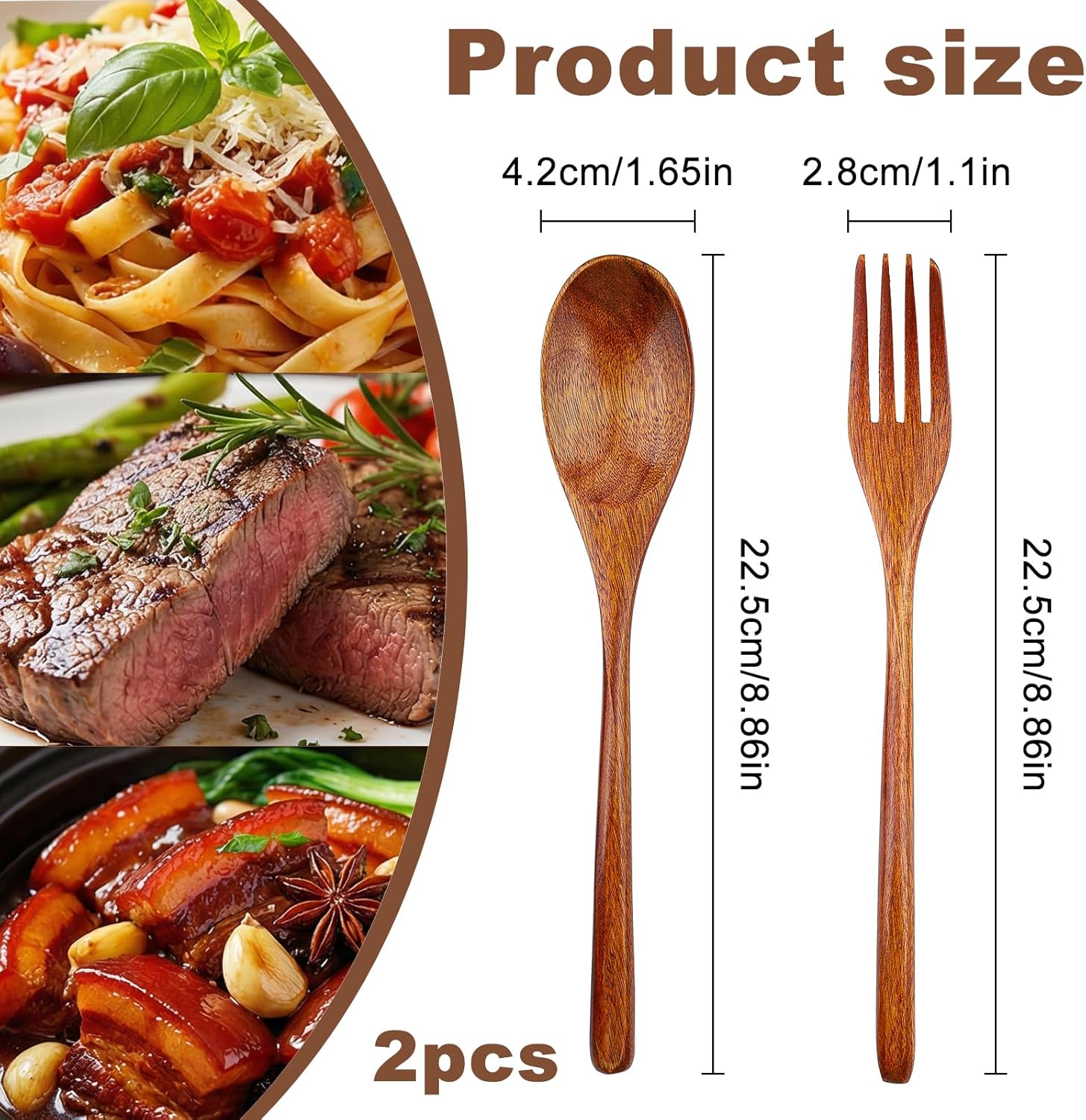 2Pcs Wooden Spoons and Forks - Reusable Wooden Utensil Set - Handmade Flatware Tableware Cutlery for Cooking Eating Kitchen Travel and Camping - Image 1