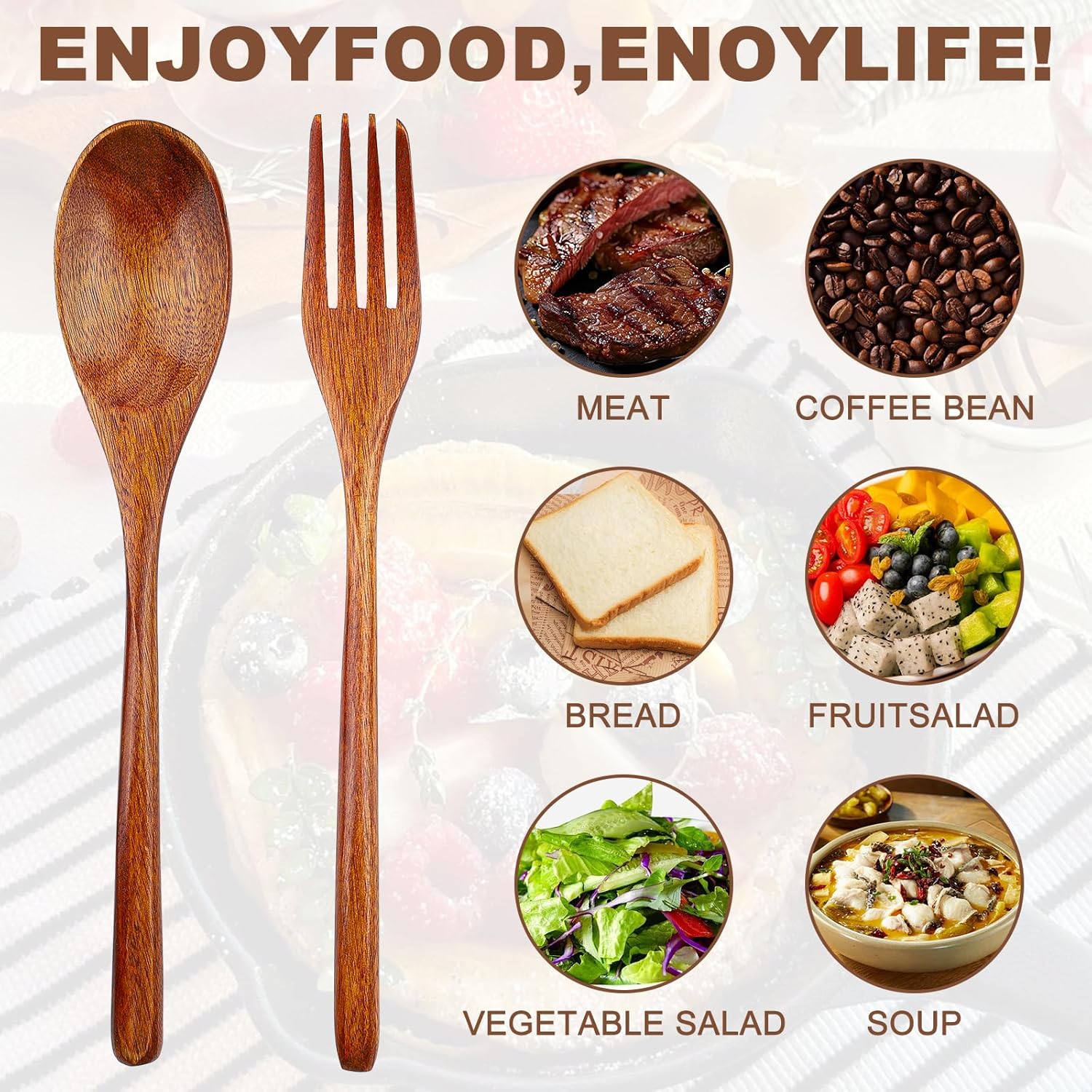 2Pcs Wooden Spoons and Forks - Reusable Wooden Utensil Set - Handmade Flatware Tableware Cutlery for Cooking Eating Kitchen Travel and Camping - Image 5