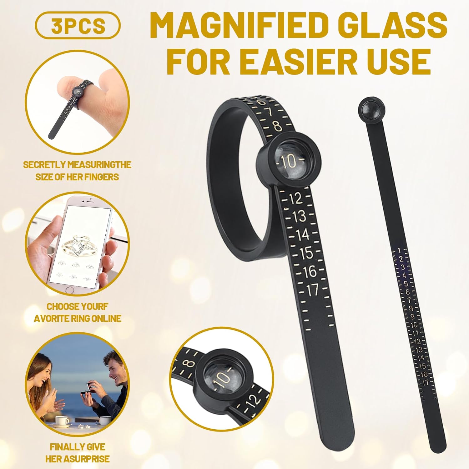 3-Pack Ring Sizer Measuring Tool with Magnifier, 1-17 USA Ring Size Measurer - Reusable Ring Finger Sizer Gauge Measure Tool -Jewelry Sizing Tools - Clear and Intuitive Reading - Image 1