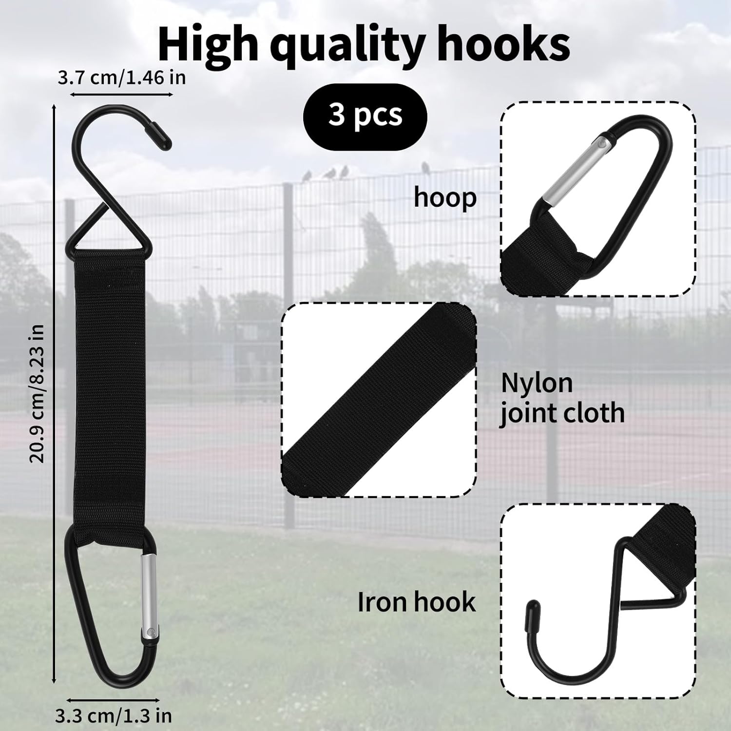 Carabiner Fence Hooks 3 Pcs Fence Hook for Tennis Baseball Bag, Nylon Safety Metal Buckle Hanging Hooks for Outdoor Sports Backpacks Water Bottles Camping Equipment - Image 1