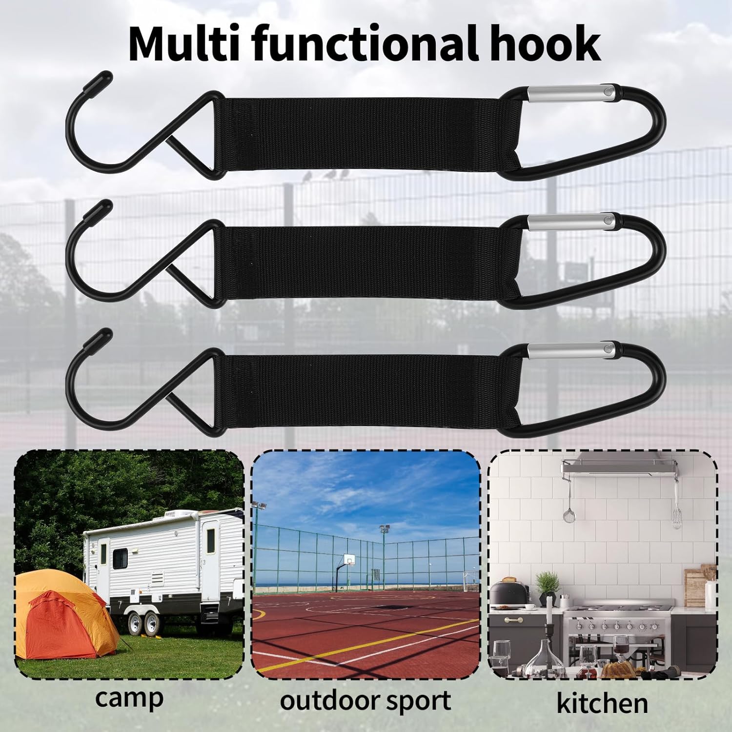 Carabiner Fence Hooks 3 Pcs Fence Hook for Tennis Baseball Bag, Nylon Safety Metal Buckle Hanging Hooks for Outdoor Sports Backpacks Water Bottles Camping Equipment - Image 5