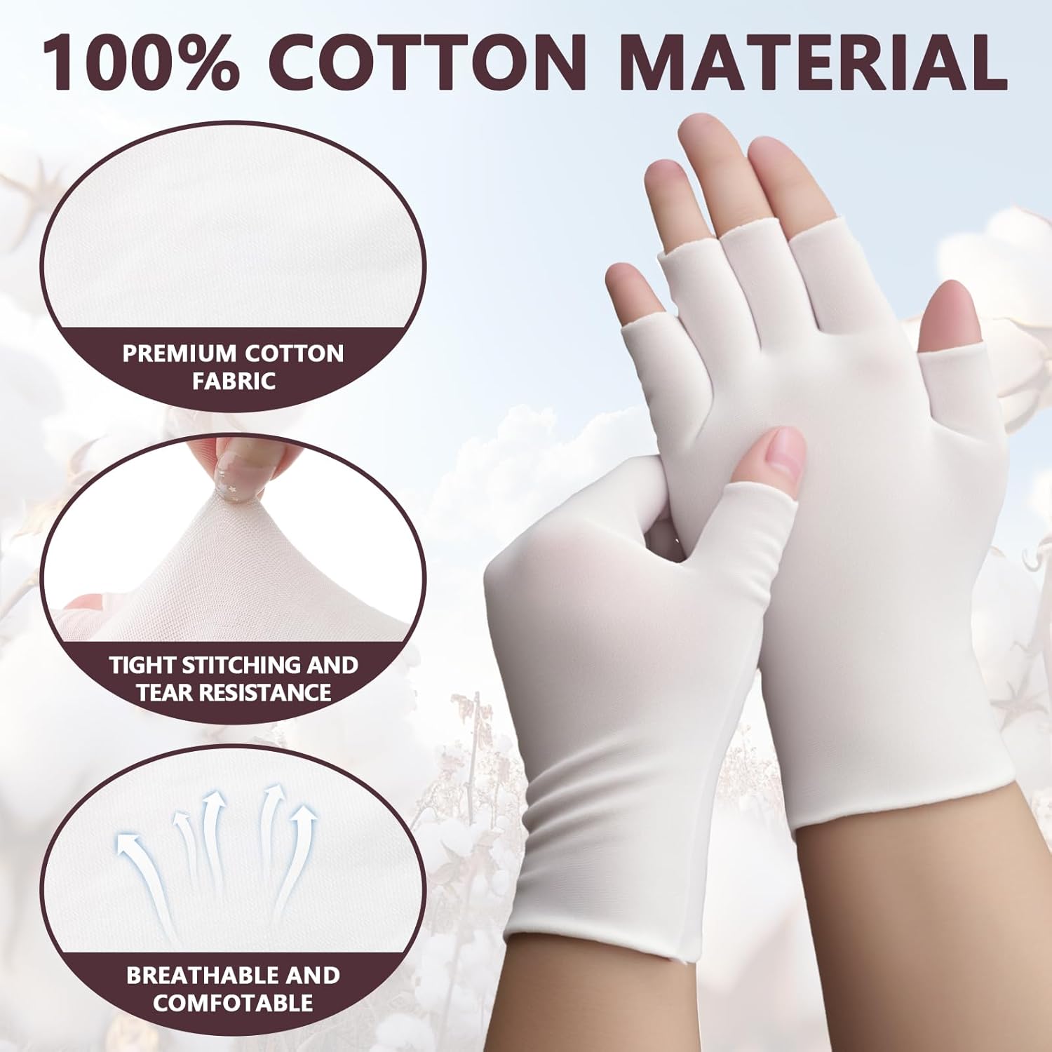 3 Pairs White Cotton Gloves - Fingerless Moisturizing Gloves - Eczema White Gloves for Dry Hands - Soft Sleep Glove for Eczema and Moisturizing Overnight - One Size Fits Most - Image 2