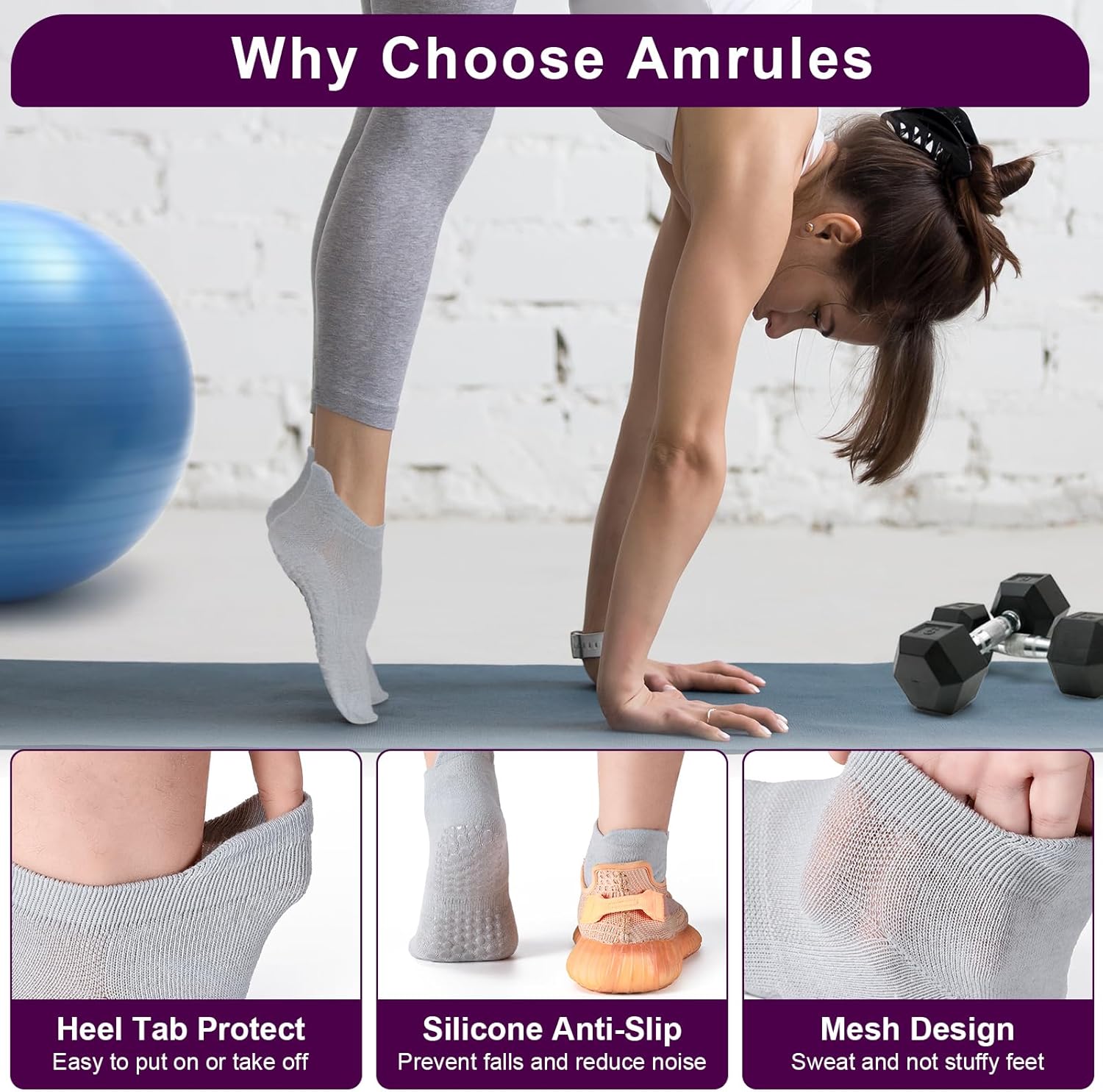 6 Pairs Breathable Women's Yoga Socks with Grippers Anti-Slip Sports Pilates Socks Suitable for Barre, Dance, Hospital, Home Use - Image 2