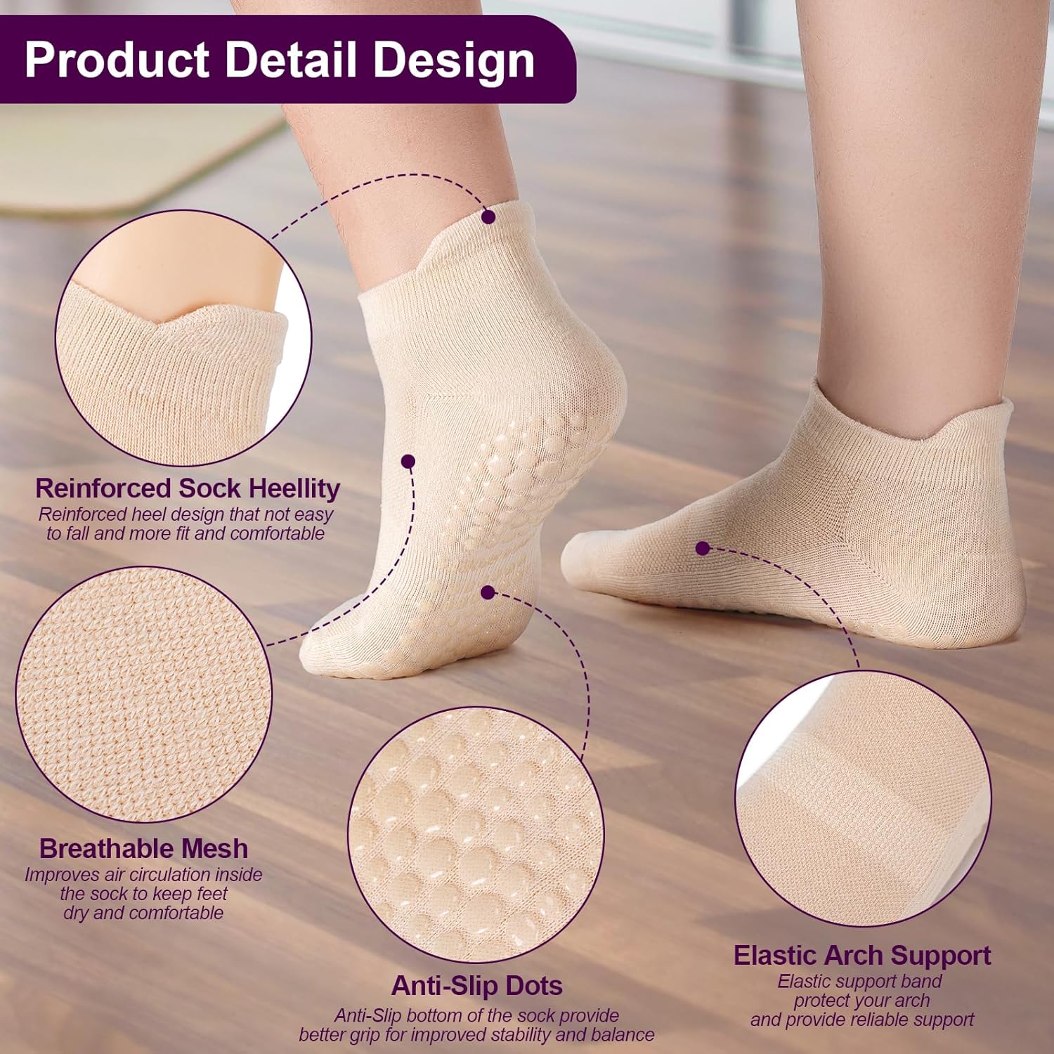6 Pairs Breathable Women's Yoga Socks with Grippers Anti-Slip Sports Pilates Socks Suitable for Barre, Dance, Hospital, Home Use - Image 4