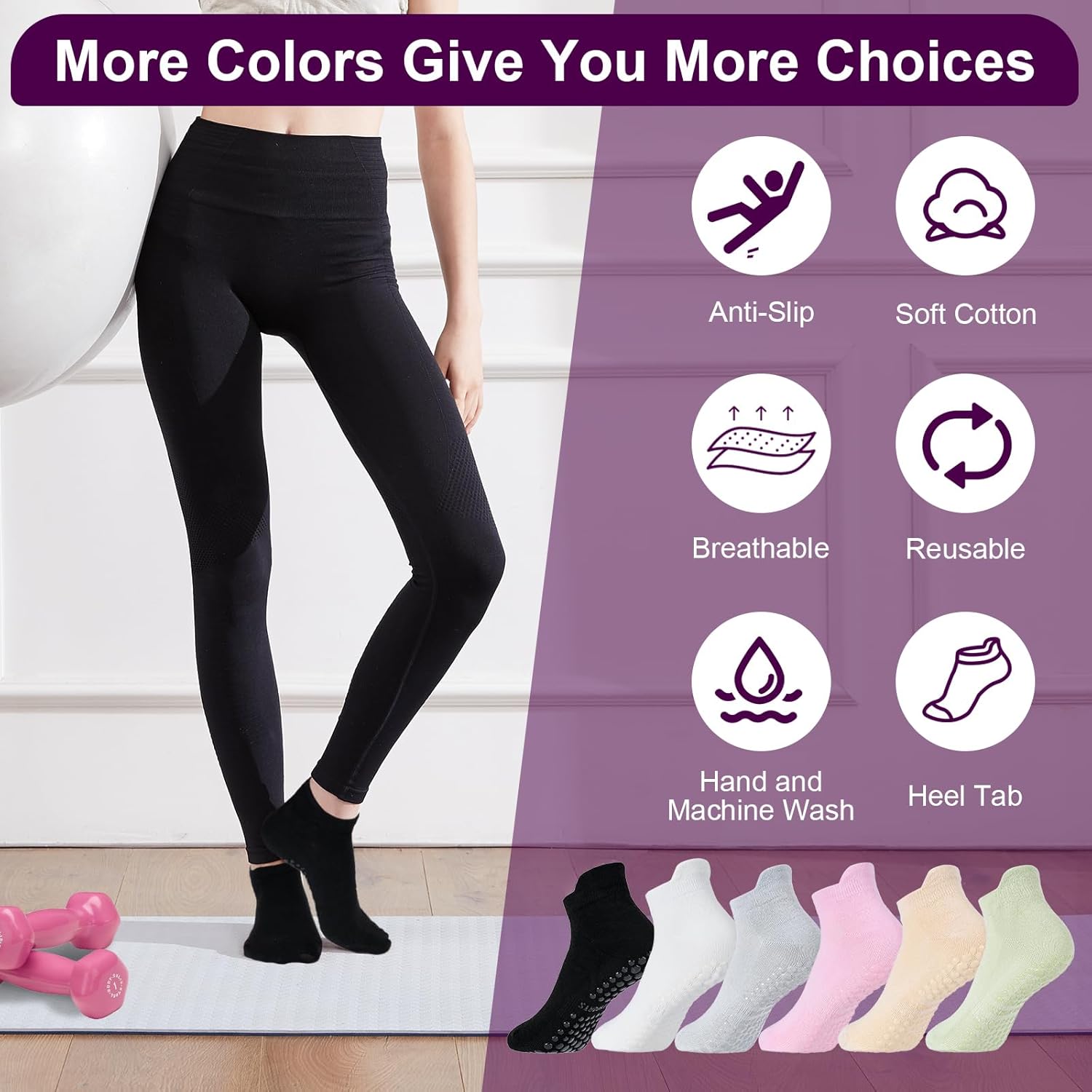 6 Pairs Breathable Women's Yoga Socks with Grippers Anti-Slip Sports Pilates Socks Suitable for Barre, Dance, Hospital, Home Use - Image 5