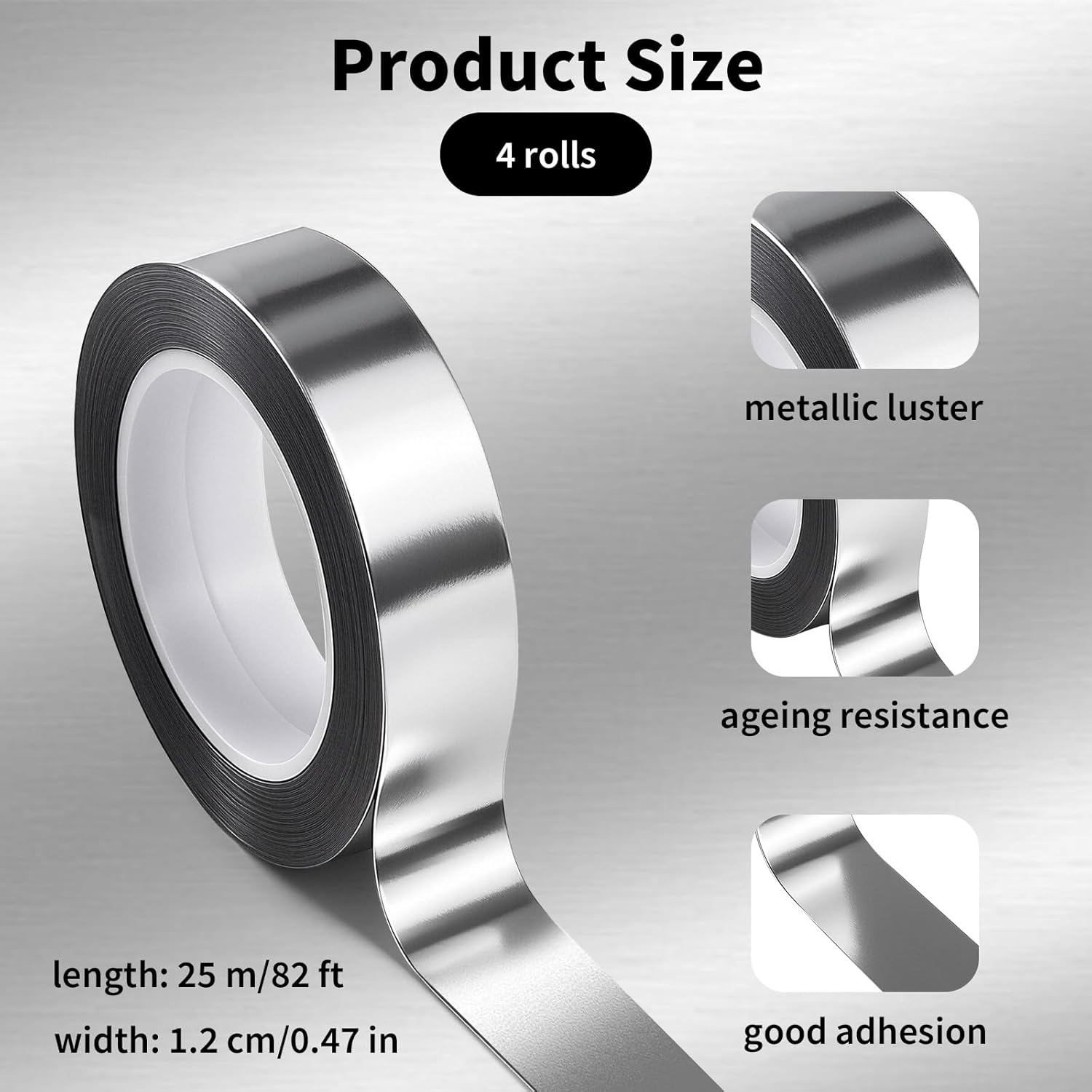 4 Rolls/110 Yard Metallic Mirror Tape - Silver 1/2'' Decorative Tapes - Self Adhesive Polyester Film Decor Tapes - DIY Graphic Art Tape - Wall Decor TV Frame Crafts Gift Box Wrapping - Image 1