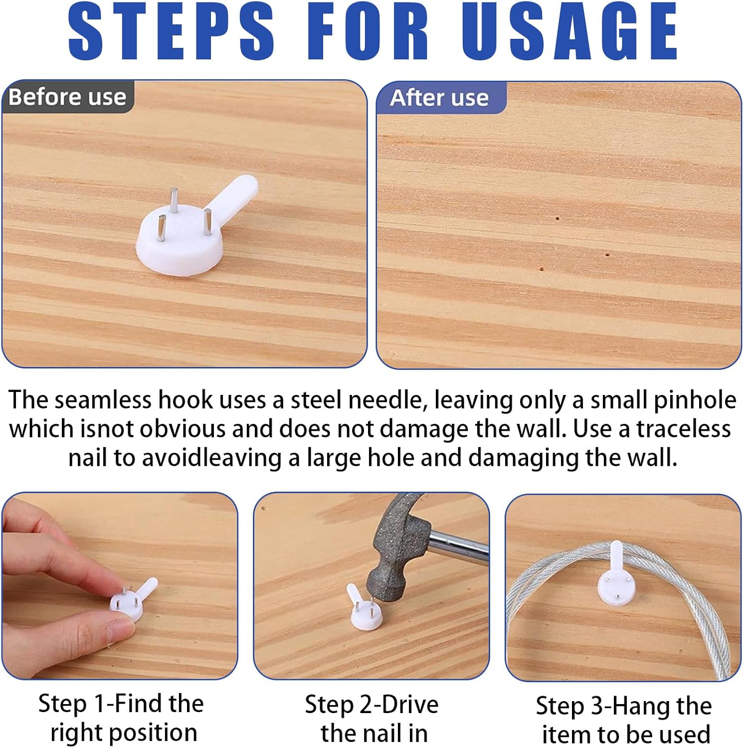 70PCS Non-Mark Hooks - Plastic Non-Trace Wall Picture Hooks - Photo Frame Traceless Hook Invisible Concrete Nail Hard Hardwall Hanger for Concrete Wall, Hardwall and Drywall - Image 5