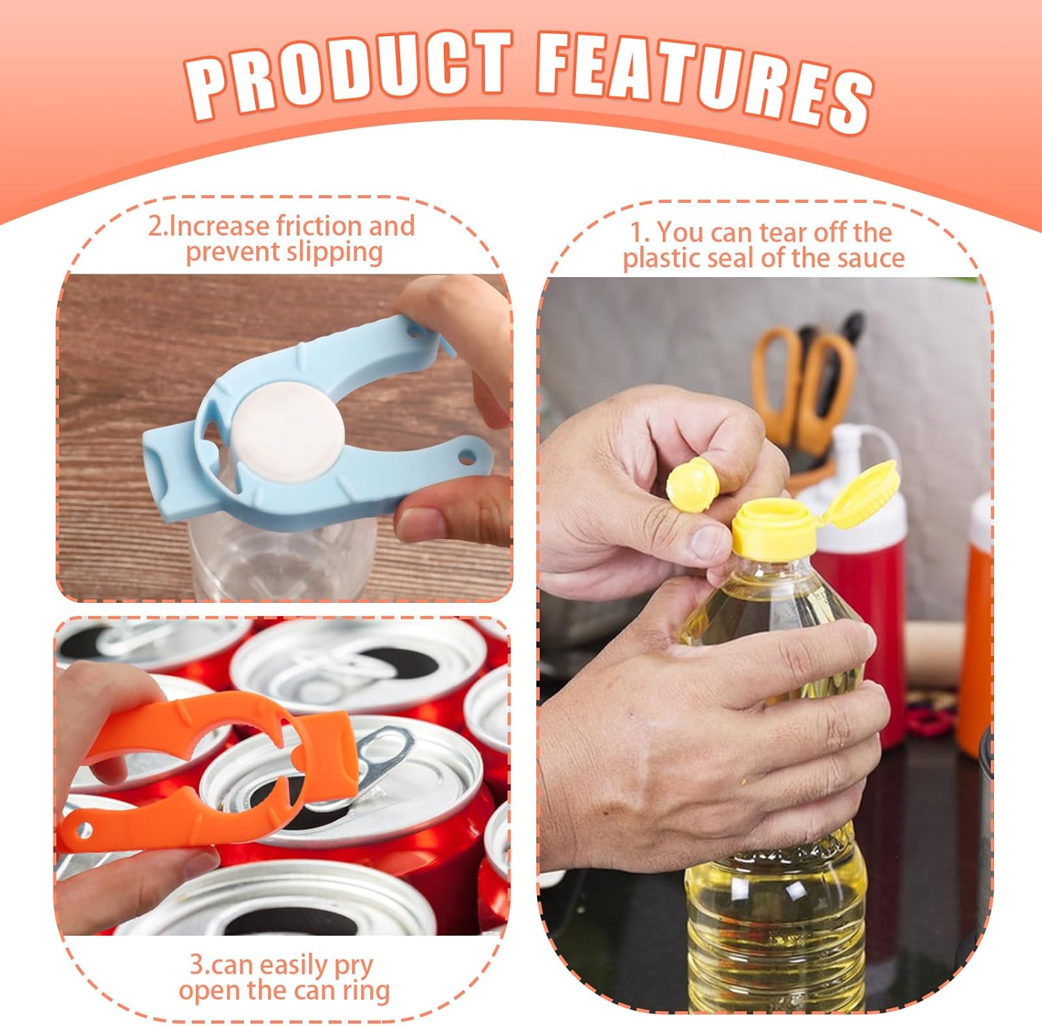 4-Pack Bottle Cap Opener - 3 in 1 Multi-Purpose Water Bottle Openers for Weak Hands, Seniors, Elderly - Plastic Water Bottle Opening Tool for Home, Kitchen, Camping, Travel On-Go - Get Lids Off Easily - Image 3