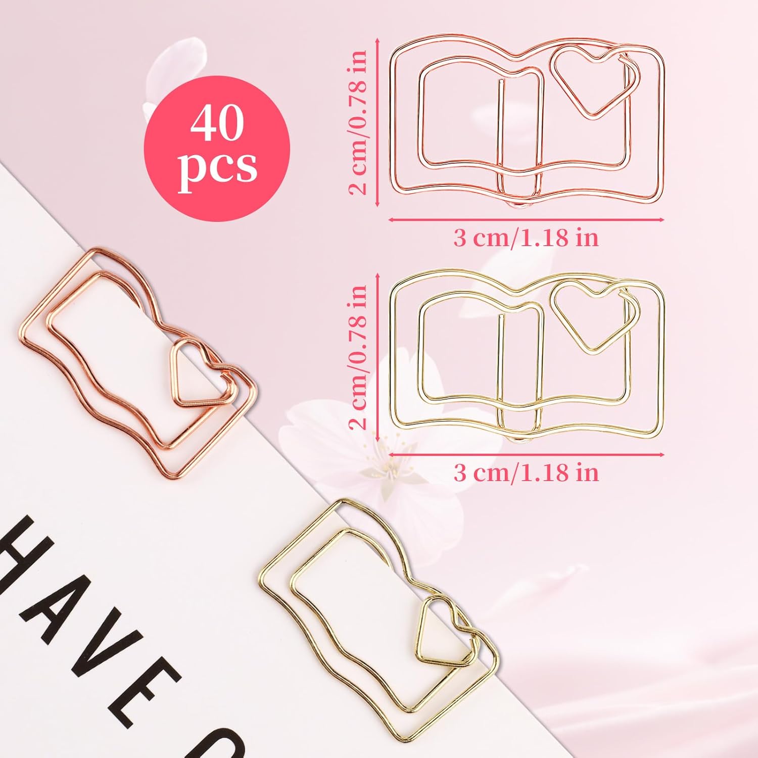 40-Pack Book-Shaped Paper Clips - Rose Gold & Gold Decorative Planner Clips Paperclips (1.18