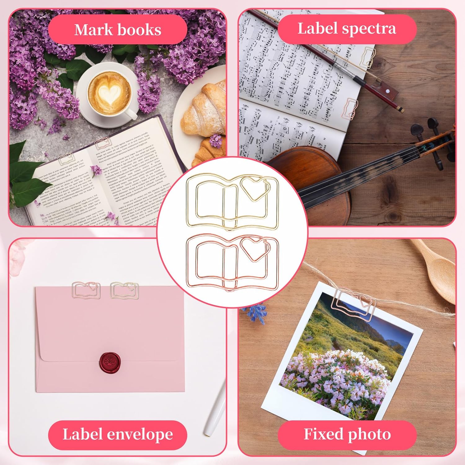 40-Pack Book-Shaped Paper Clips - Rose Gold & Gold Decorative Planner Clips Paperclips (1.18