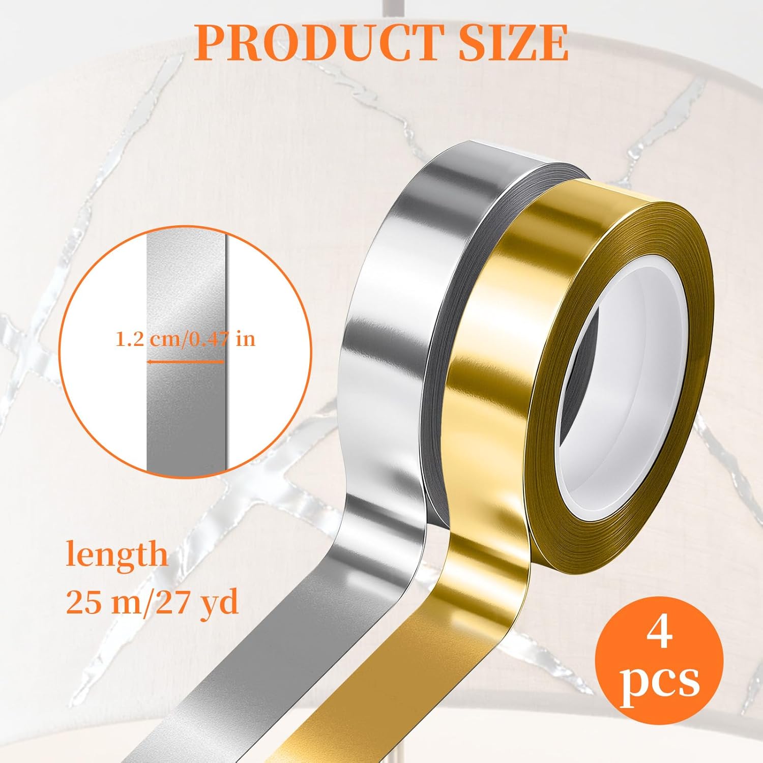 4 Rolls/110 Yard Metallic Mirror Tape - Gold & Silver 1/2'' Decorative Tapes - Self Adhesive Polyester Film Decor Tapes - DIY Graphic Art Tape - Wall Decor TV Frame Crafts Gift Box Wrapping - Image 1
