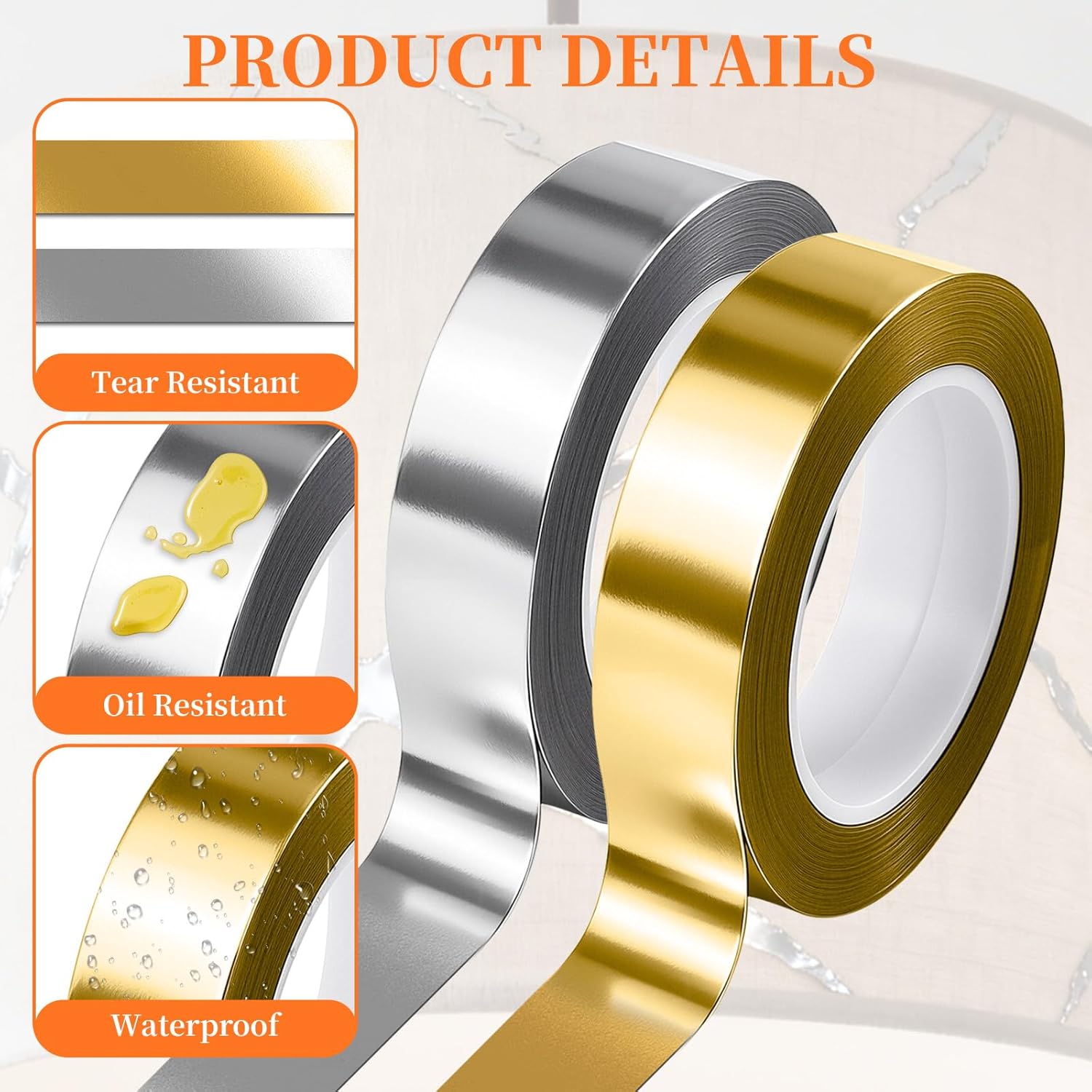 4 Rolls/110 Yard Metallic Mirror Tape - Gold & Silver 1/2'' Decorative Tapes - Self Adhesive Polyester Film Decor Tapes - DIY Graphic Art Tape - Wall Decor TV Frame Crafts Gift Box Wrapping - Image 2