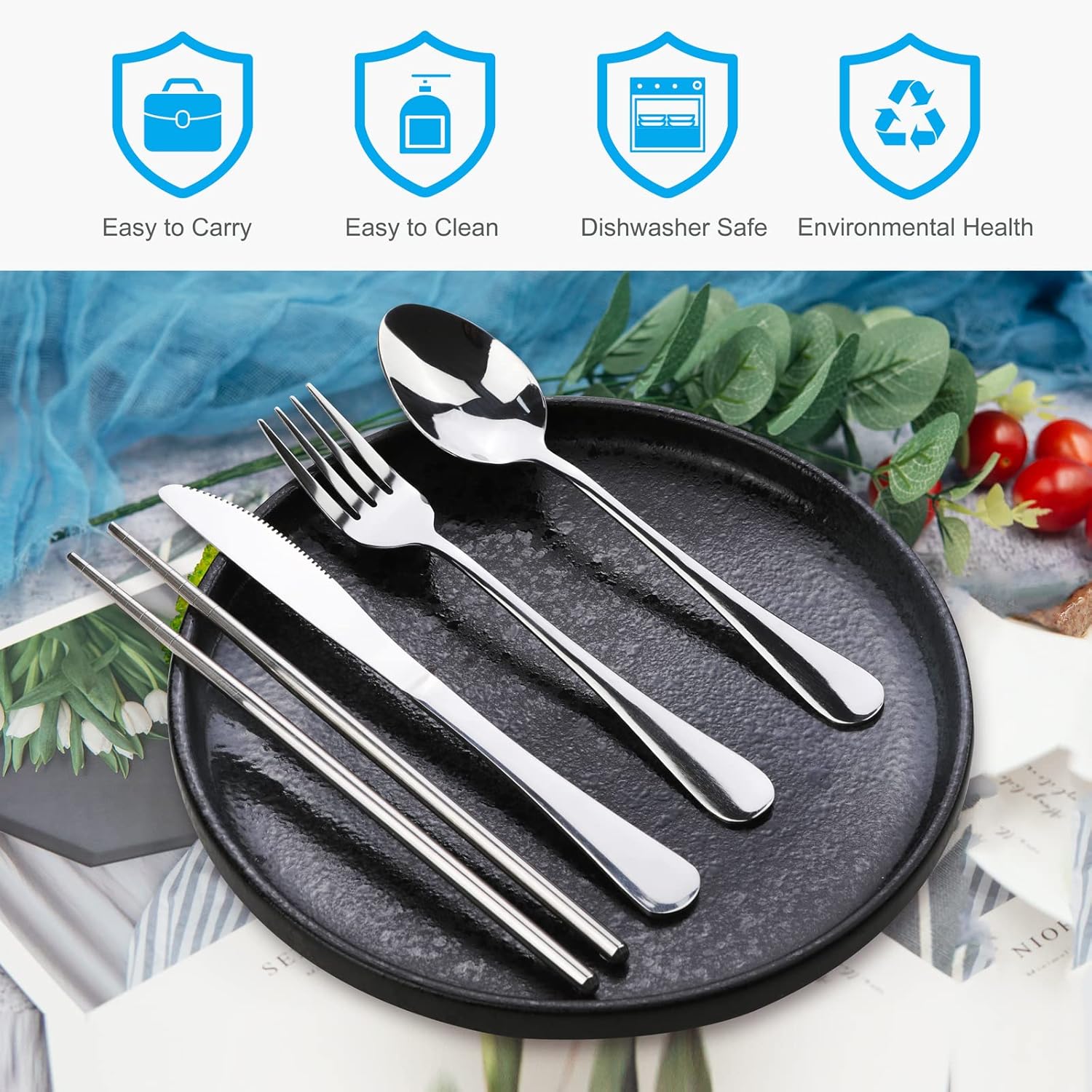 Portable Silverware Set with Case,  Travel Camping Utensils Set, Premium Stainless Steel Travel Cutlery Set - Image 2