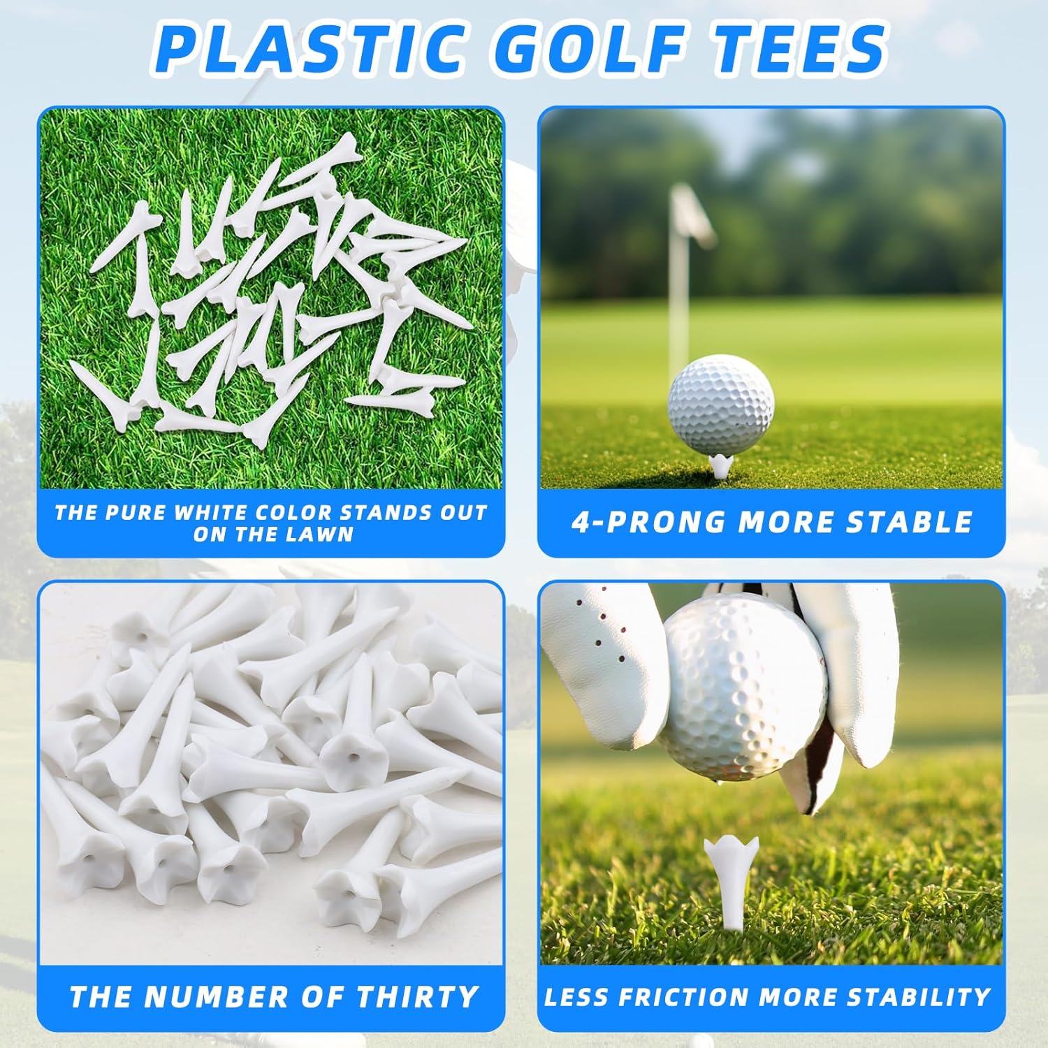 30PCS Plastic Golf Tees - 1-1/2‘’ Short Golf Tees - Enhanced Durability & Stability, Designed to Reduce Friction and Side Spin-4 Prongs Plastic Tees - Image 2