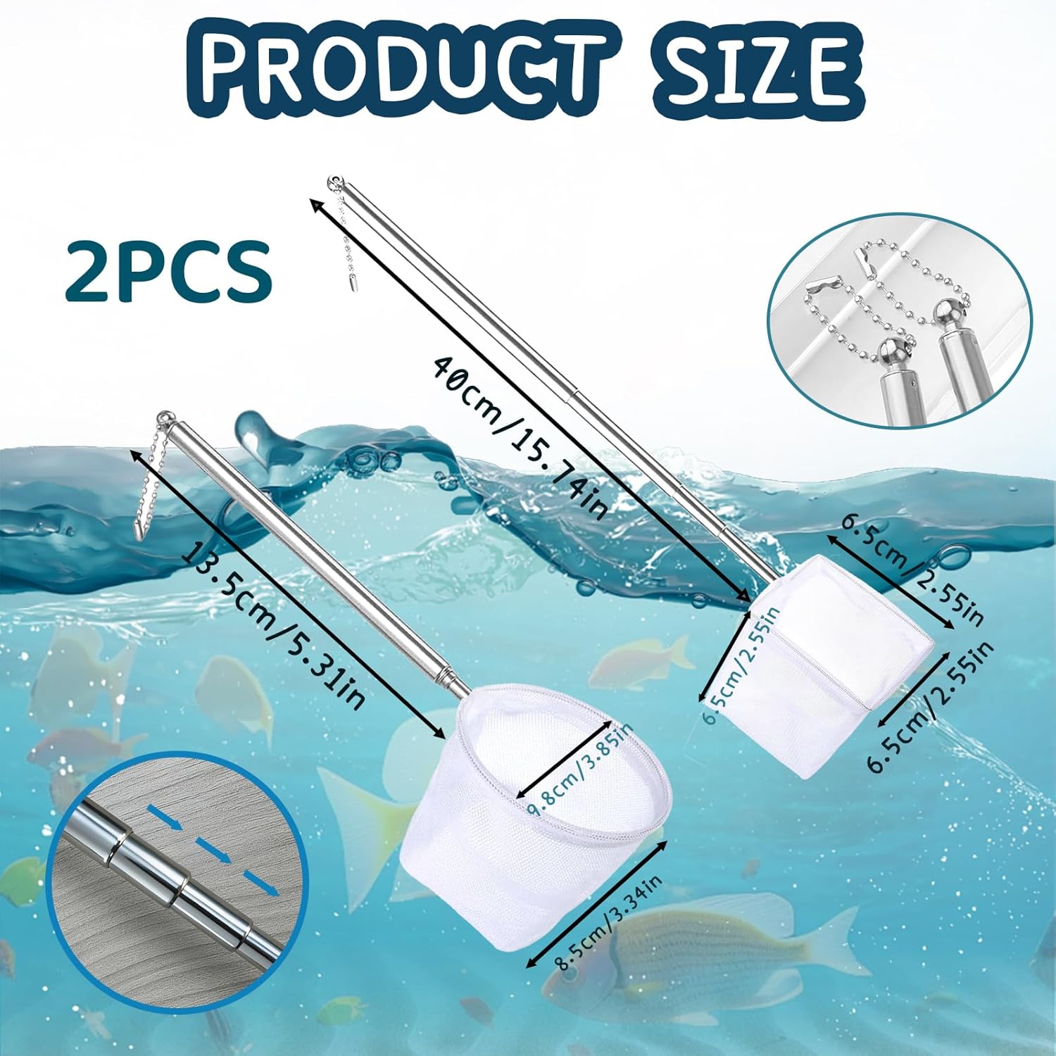 2-Pack Aquarium Fish Net - 3.3In & 2.6in Fishes Tank Shrimp Net Debris Cleaning Tools - Fast-Dry Mesh Scoop with Extendable Handle - Small Fish Net for Fish Tank for Shrimp & Bettas - Image 2