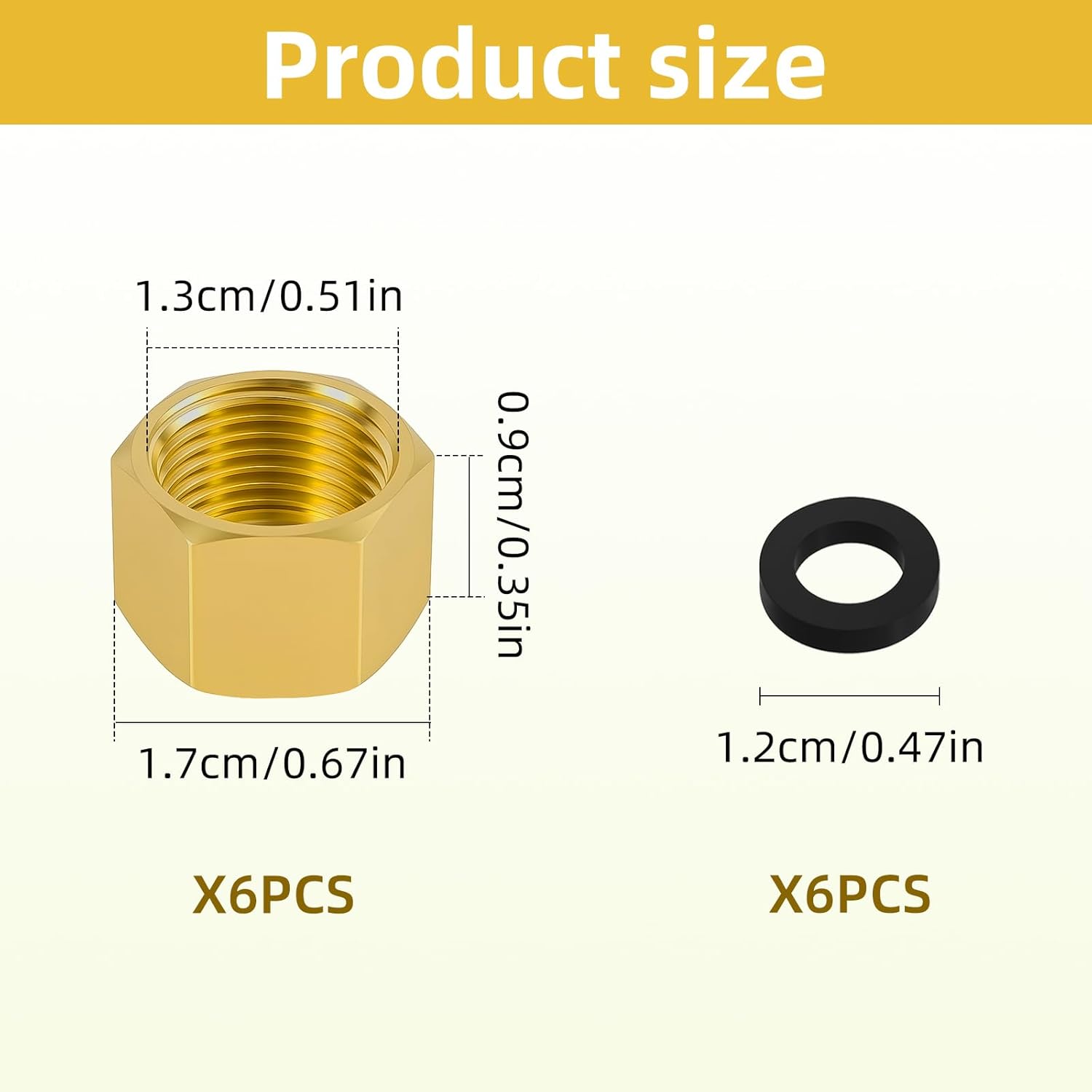 6pcs Brass Pipe Cap, 1/4 Inch NPT Hex Head Pipe Fitting Caps with Rubber Gasket Faucet Valve Caps Brass Compression Cap for Closing off Pipes - Image 1