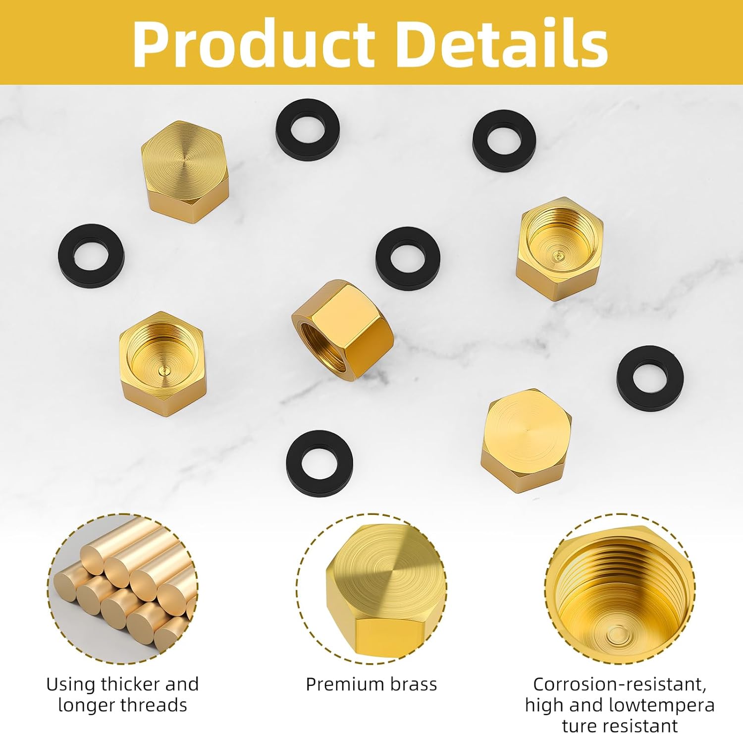 6pcs Brass Pipe Cap, 1/4 Inch NPT Hex Head Pipe Fitting Caps with Rubber Gasket Faucet Valve Caps Brass Compression Cap for Closing off Pipes - Image 2