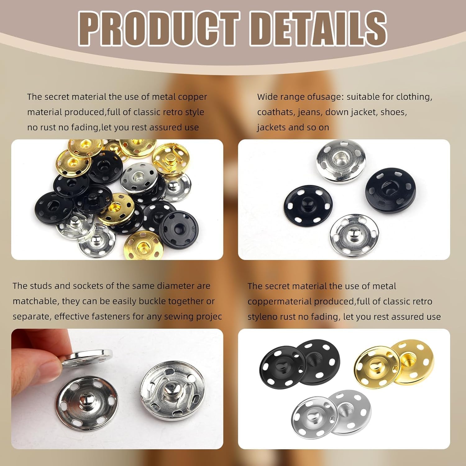 24Set 1Inch/25mm Large Sew-on Snap Buttons for Clothes - Sew on Snaps Sewing Snaps for Fabric - Metal Snaps Fasteners Press Studs Buttons for Sewing Clothing, Black - Image 2