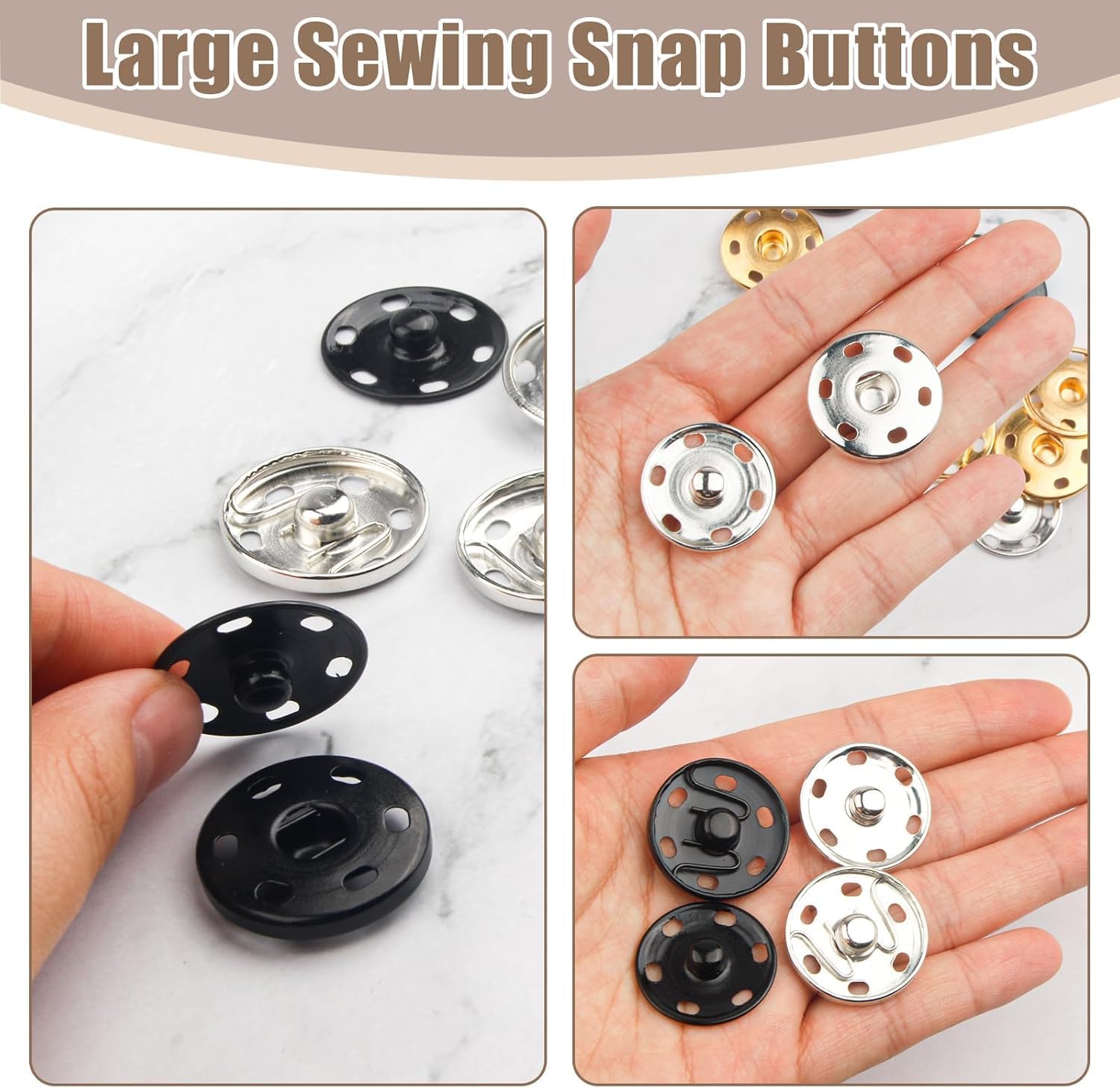 24Set 1Inch/25mm Large Sew-on Snap Buttons for Clothes - Sew on Snaps Sewing Snaps for Fabric - Metal Snaps Fasteners Press Studs Buttons for Sewing Clothing, Black - Image 4
