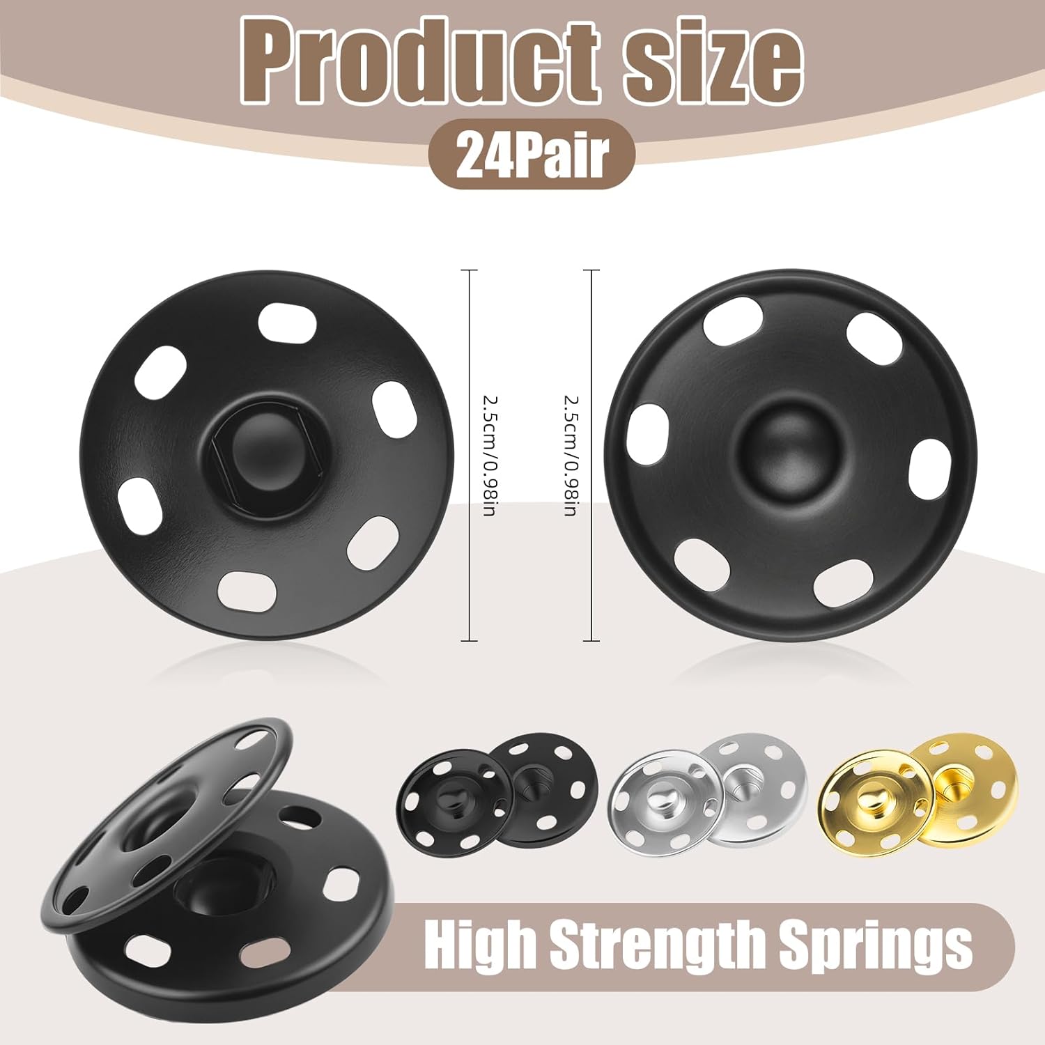 1Inch/25mm Large Sew on Snap Buttons 24Set Sew-on Snaps Sewing Snaps for Fabric, Metal Snaps Fasteners Press Studs Buttons for Sewing Clothing,3 Colors - Image 1