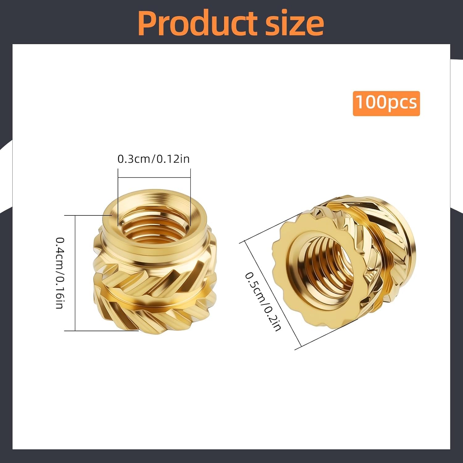 100-Pack M3 Threaded Inserts - Heat Set Inserts - M3x4x5 Female Thread Metric Knurled Nuts - Brass Insert Nut Threaded Inserts for Plastic 3D Printing Components Loptop Automotive Shell - Image 1
