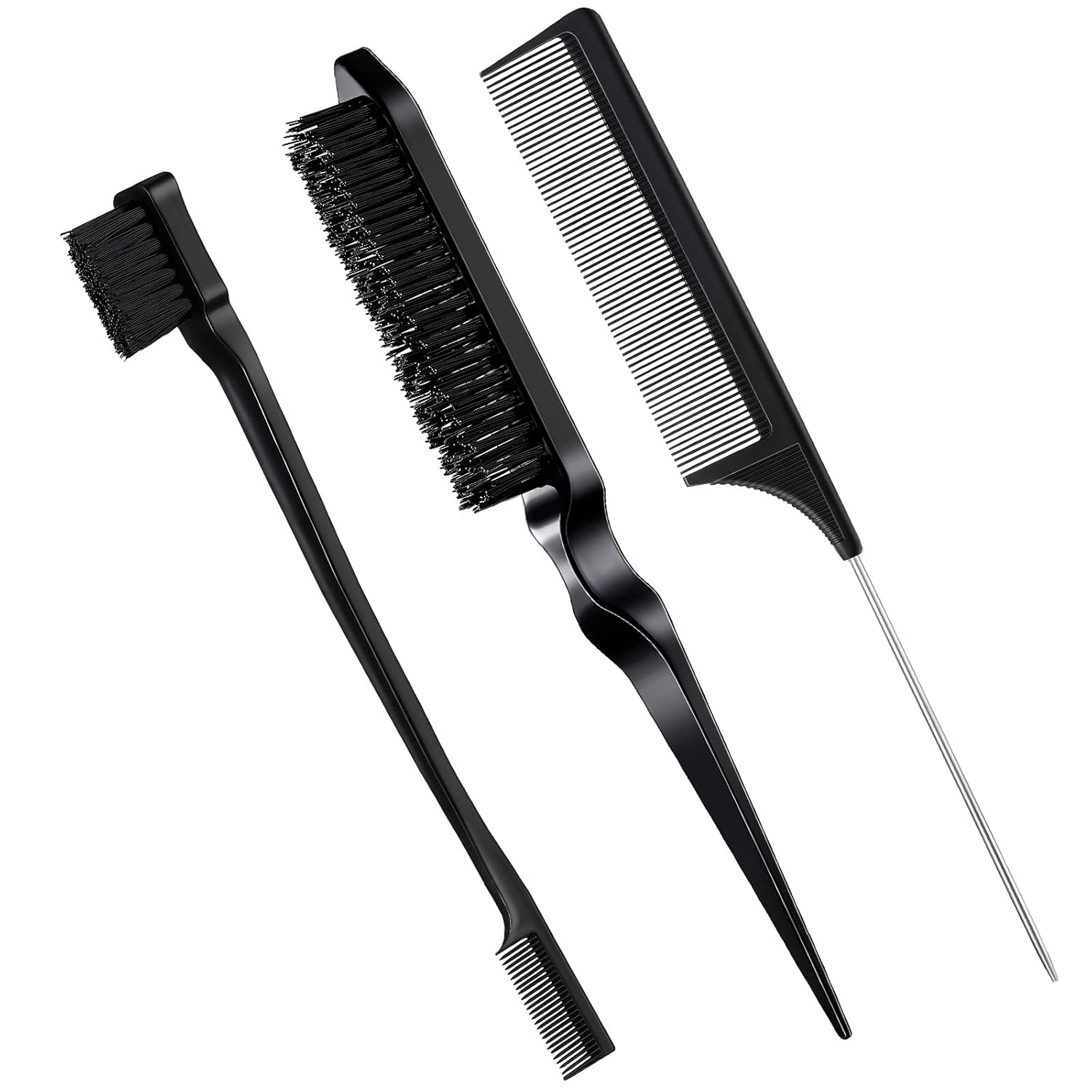 3 Pcs Slick Back Hair Brush Set Bristle Brush Edge Control Teasing Comb for Women Black Hair(Black) - Image 1
