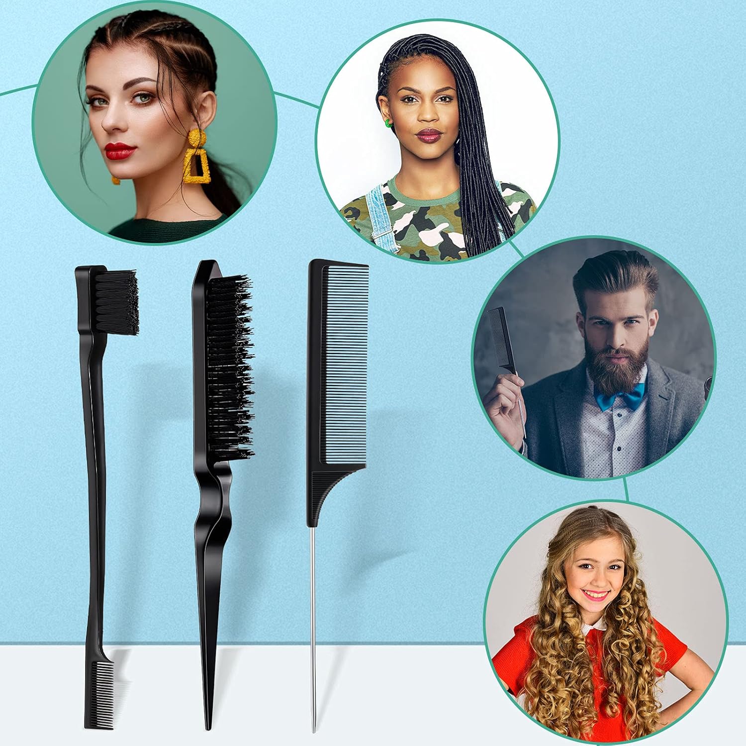 3 Pcs Slick Back Hair Brush Set Bristle Brush Edge Control Teasing Comb for Women Black Hair(Black) - Image 7