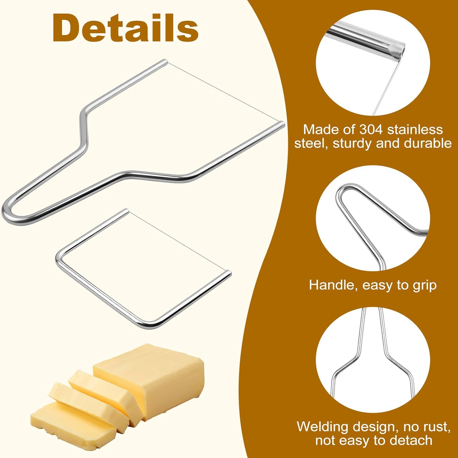 2-Pack Stainless Steel Wire Cheese Slicer - 2 Sizes Hand Held Cheese Butter Block Cutter for Cheddar, Gruyere, Raclette, Mozzarella - Easy And Fast Cutting Hard Or Semi Hard Block Cheeses - Image 2