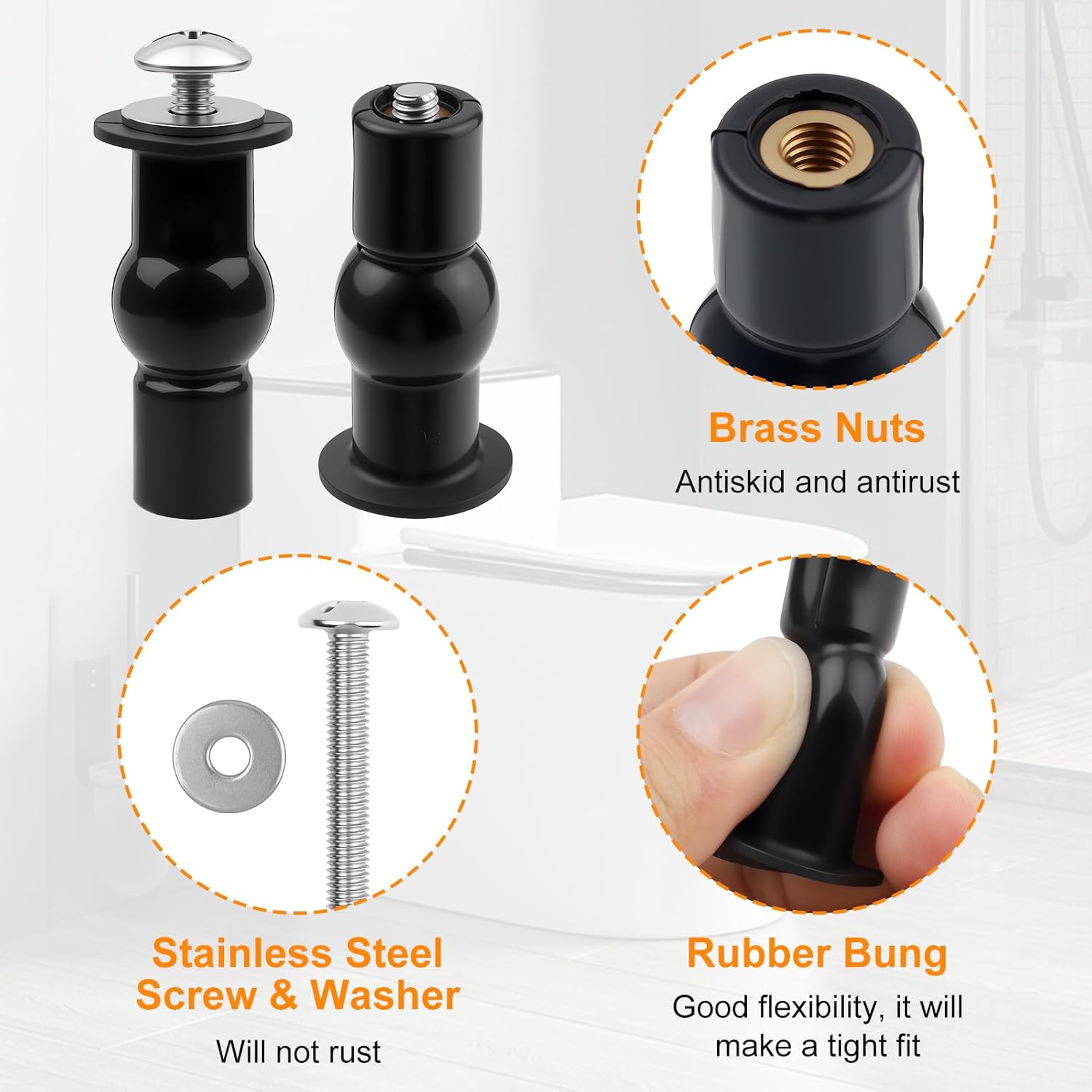 2 Pack Toilet Hinge Bolts, Universal Rubber Expansion Seat Cover Screws for Top Mounting Toilet Seat Hinges (for 14-16mm hole toilet seats) - Image 2