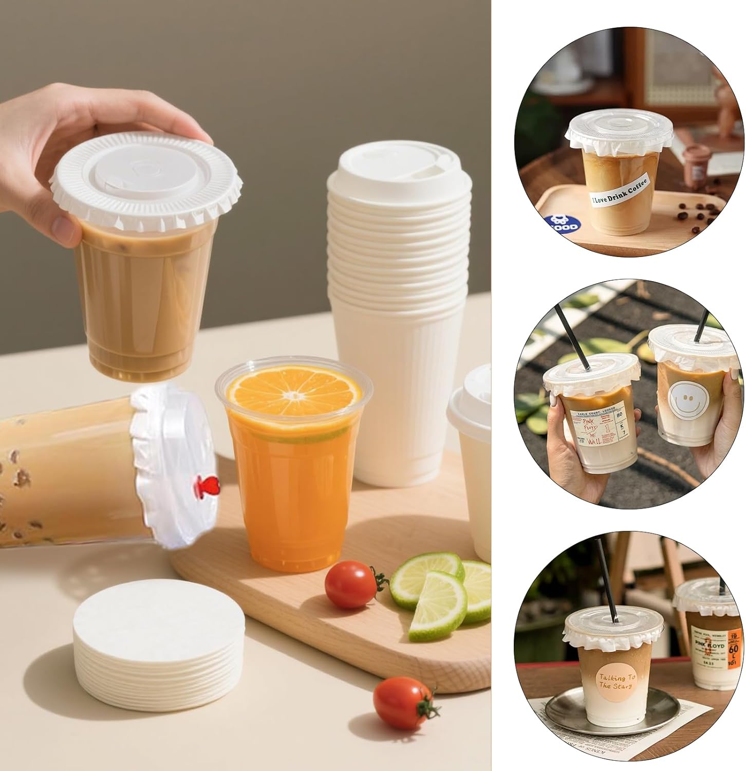 200-Pack 4.5 Inch Leak-Proof Cup Lid Liners – White Round Sealing Pads Lid Covers for Plastic Drink Cups, Milk Tea, Coffee, Bubble Tea Water Bottles – Spill-Proof Film Pads for Beverage Containers - Image 4