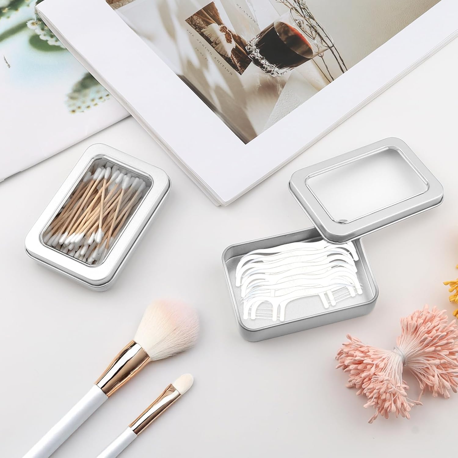 2-Pack Cotton Ball Holder for Travel & Bathroom - Dental Floss Qtip Dispenser Holders - Portable Travel Floss Case Box - Empty Metal Cotton Swab Hair Ties Floss Picks Containers w/Dustproof Lid - Image 4