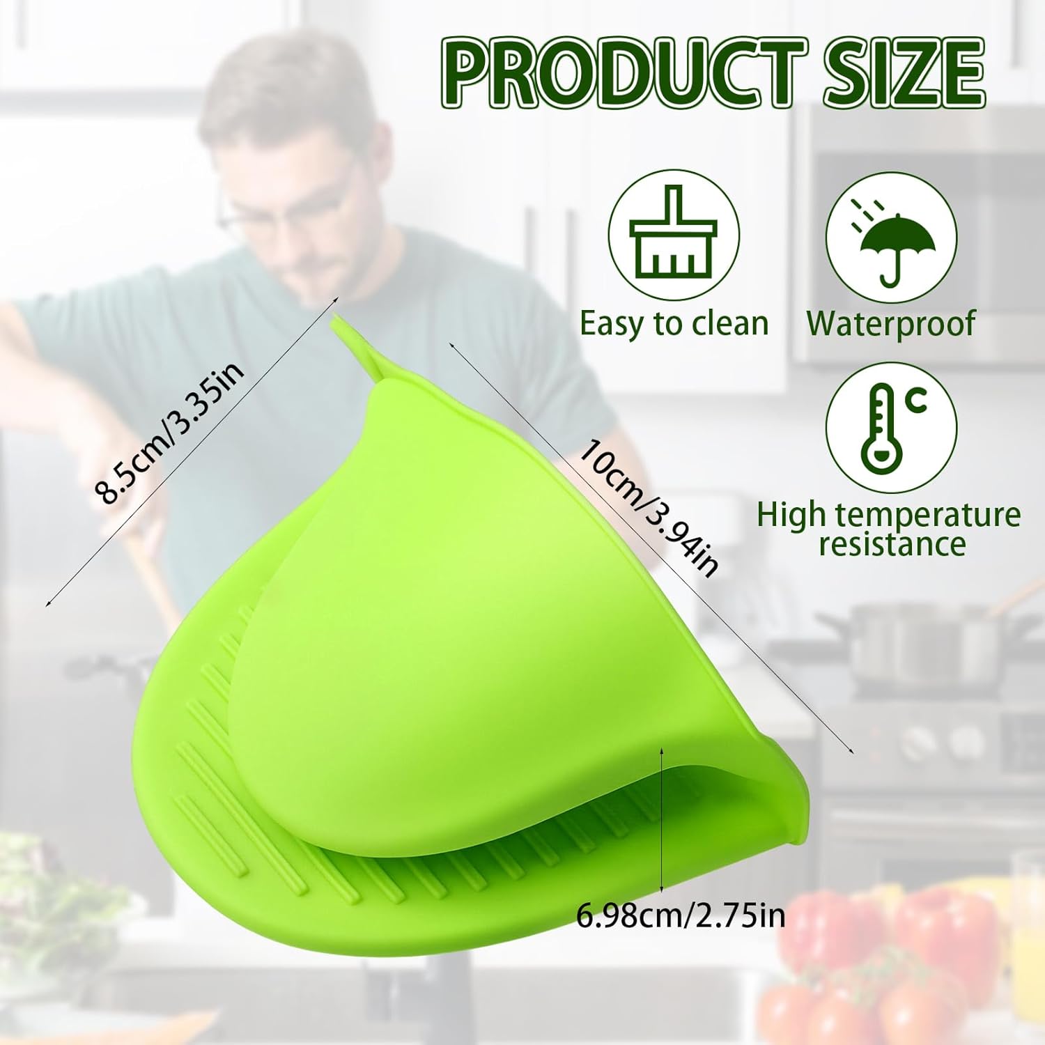 2PCS Silicone Oven Mitts - Heat Resistant Thick Potholders for Kitchen - Non-Slip Rubber Oven Glove Kitchen Mittens - Cute Pot Holders for Grill, Pizza Stone, Air Fryer, Dishwasher Safe Green - Image 1