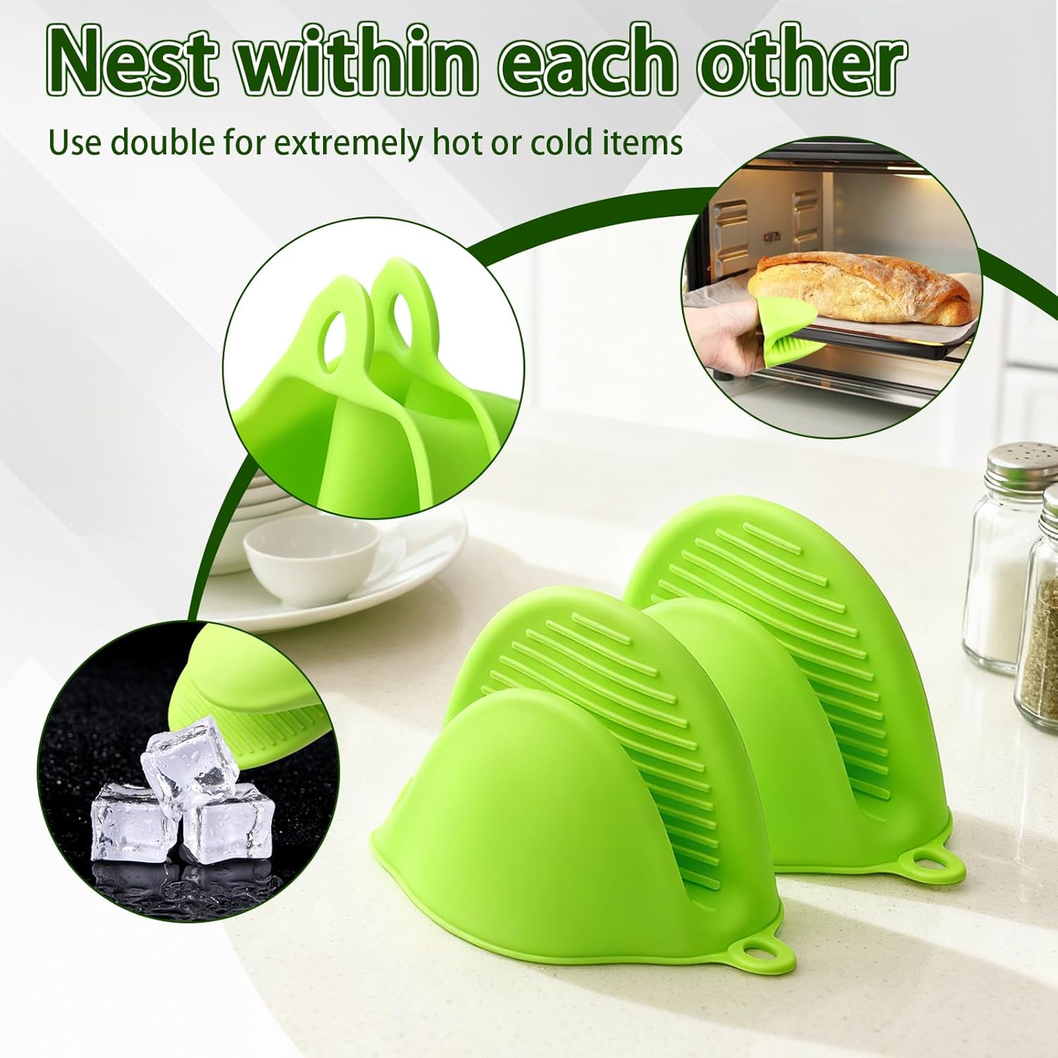 2PCS Silicone Oven Mitts - Heat Resistant Thick Potholders for Kitchen - Non-Slip Rubber Oven Glove Kitchen Mittens - Cute Pot Holders for Grill, Pizza Stone, Air Fryer, Dishwasher Safe Green - Image 2